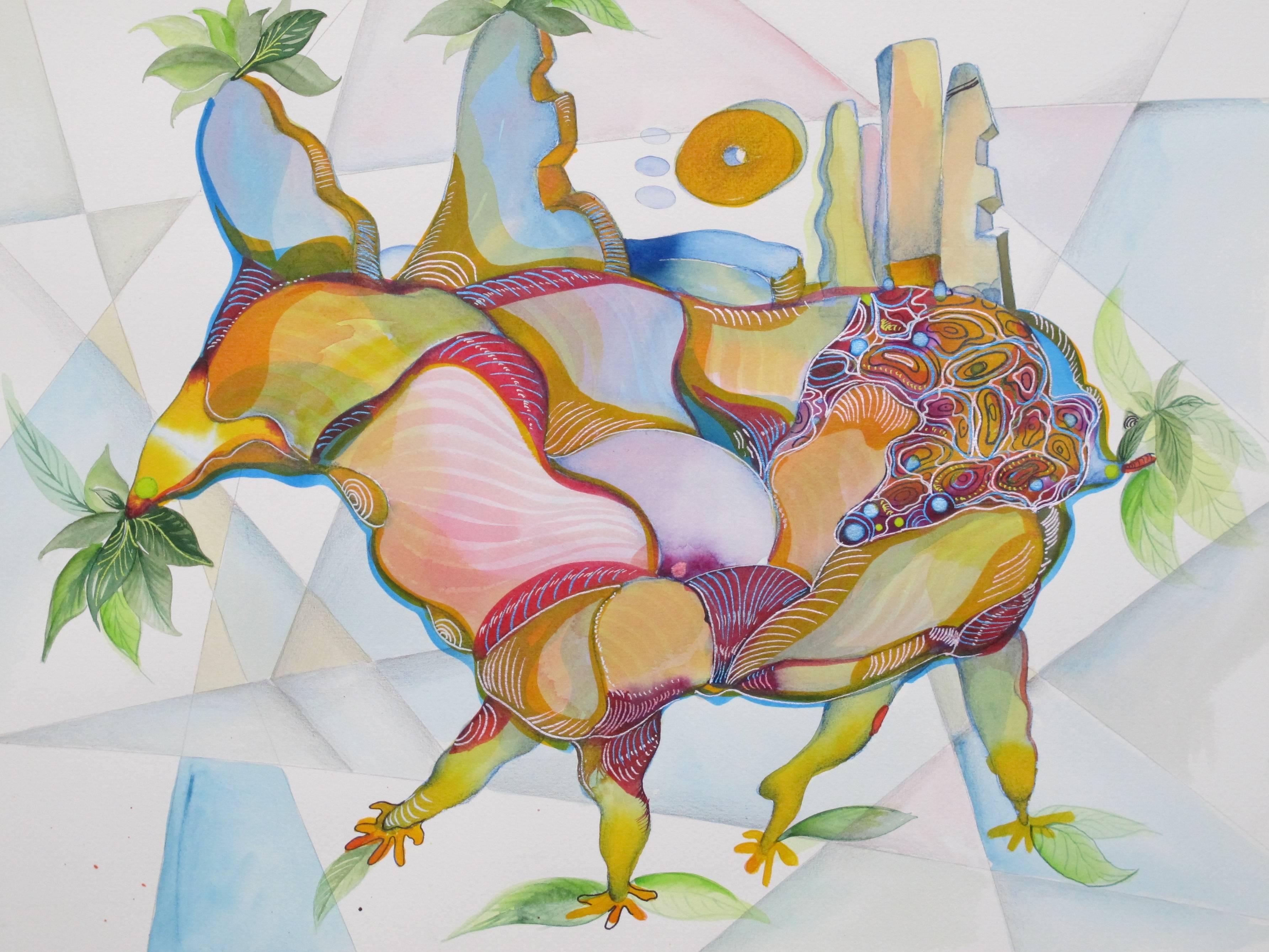 Ce travail récent poursuit sa série "Quasibotanics". Cette approche quelque peu surréaliste de la peinture utilise l
imagerie botanique ou quasi botanique des feuilles, des arbres et des formes de rhizomes comme un lexique pictural organique. 