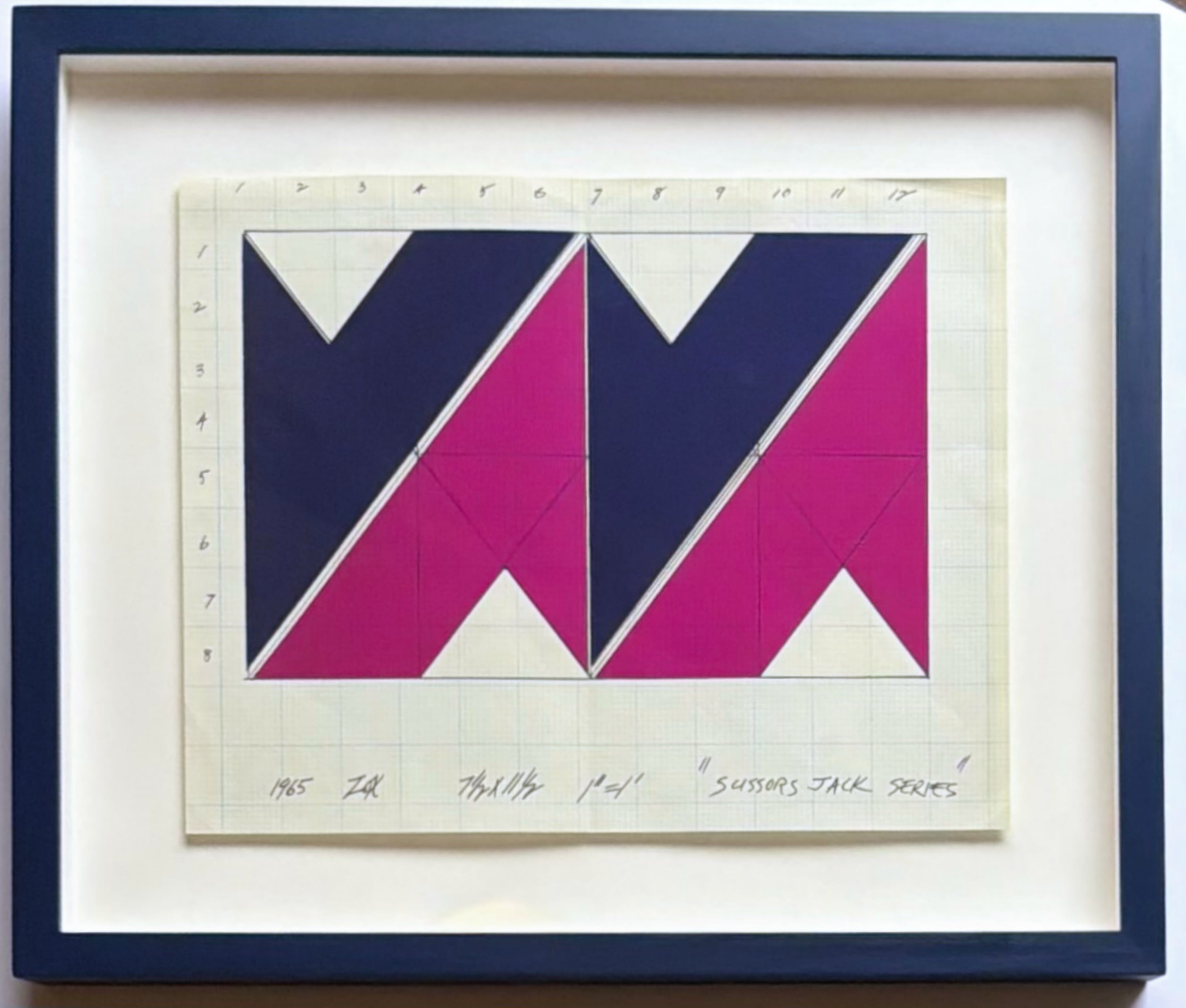 Study for Scissors Jack Series, 1965
Silkscreen on tracing paper
Plate signed 
This work has been elegantly floated and framed in a museum quality wood frame painted bold blue under UV plexiglass. 
Measurements:
Framed:
16 inches (vertical)  by 19