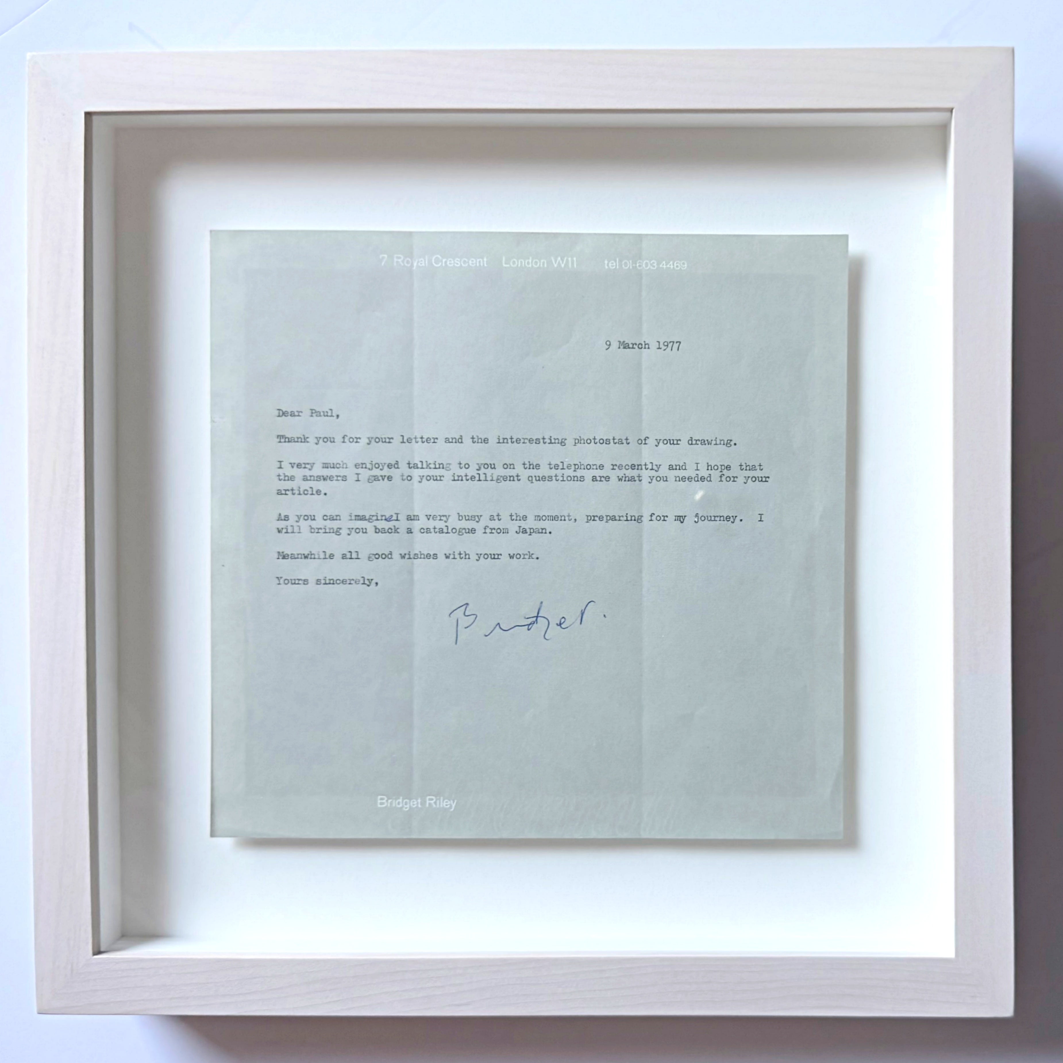 Hand signed letter from Bridget Riley, written on her private stationery with her personal address
Signed in blue ink
This letter is addressed to Paul Amery, her corrspondent:
From the collection of the late Paul Emery. An early member of the (UACC)