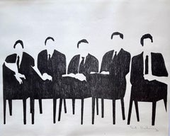 Pat Pickering – „Fünf sitzende Männer“, monochromer Blockdruck auf Rives-Papier, signiert
