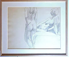 Philip Pearlstein - two nudes, original drawing on paper, signed framed realism
