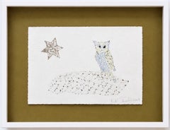 Kiki Smith - Monoprint « Owl and Star » avec paillettes appliquées à la main et aquarelle, encadré