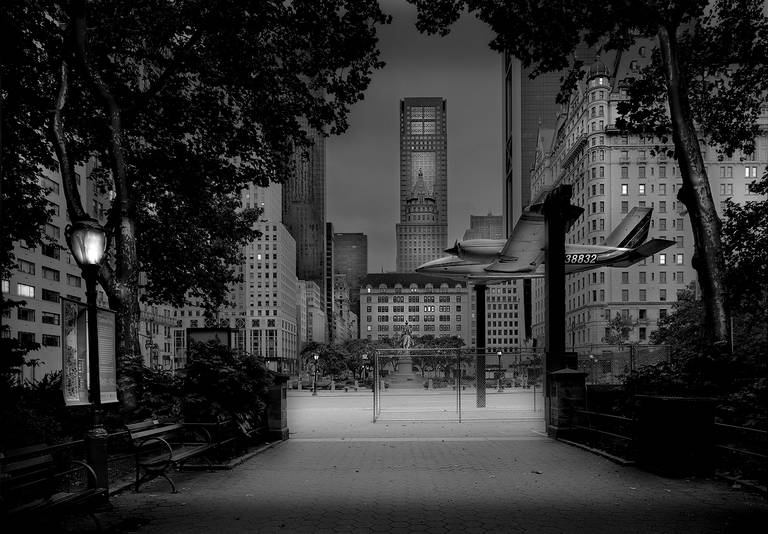 Michael Massaia Black and White Photograph - Airplane Installation, Deep in a Dream - Central Park series