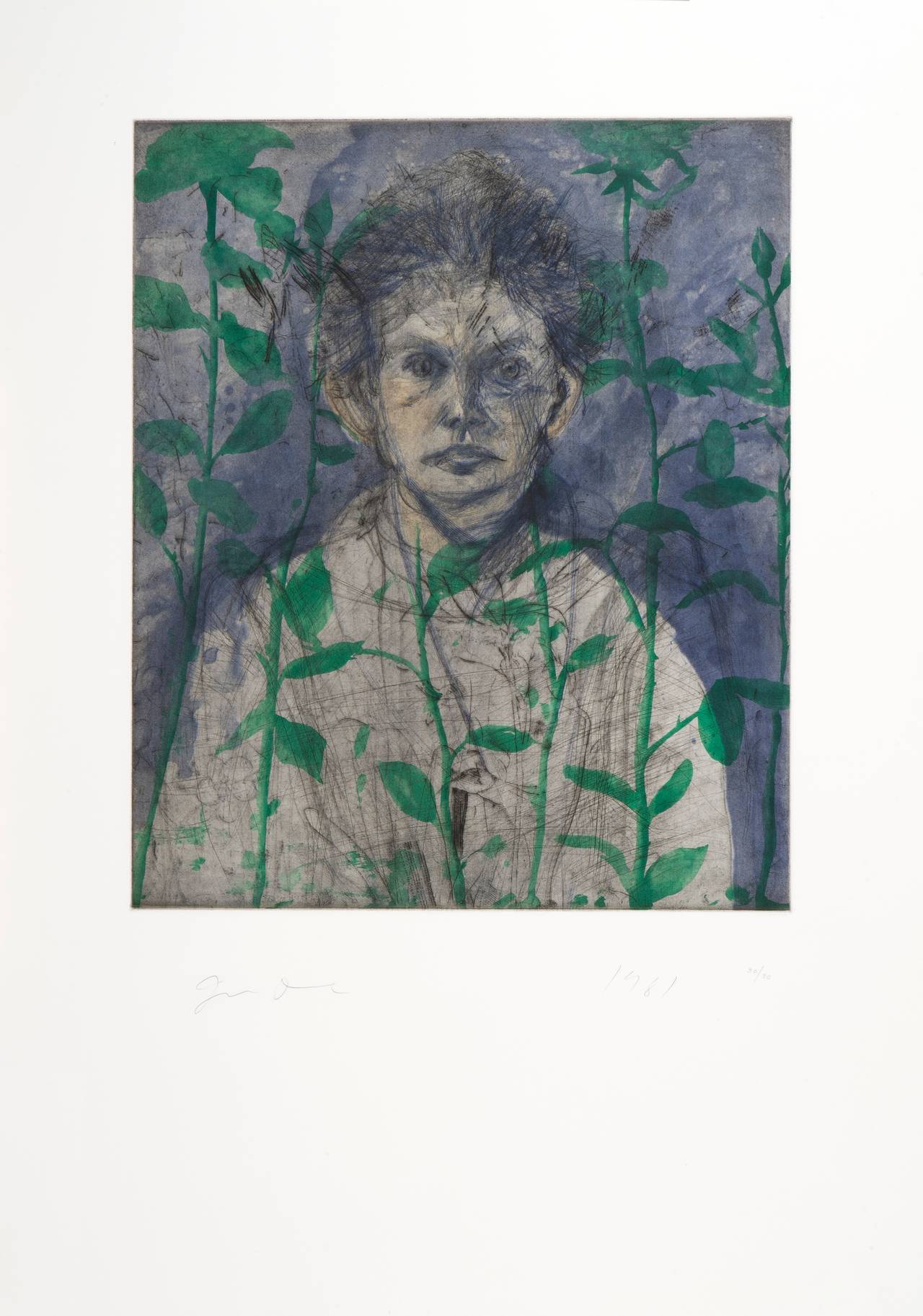 Nancy outside in July with green leaves - Print by Jim Dine