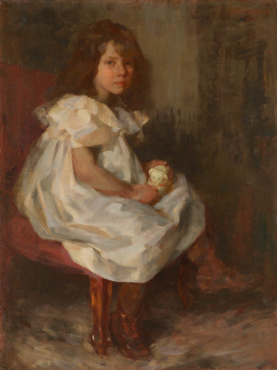 James Jebusa Shannon Figurative Painting - Portrait of a Little Girl Holding a Toy