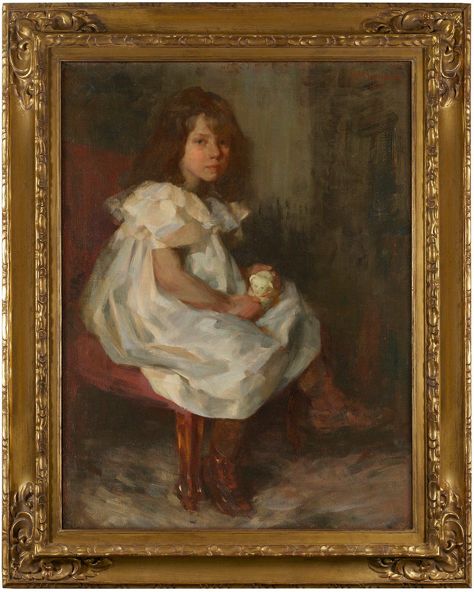 Portrait of a Little Girl Holding a Toy - Painting by James Jebusa Shannon