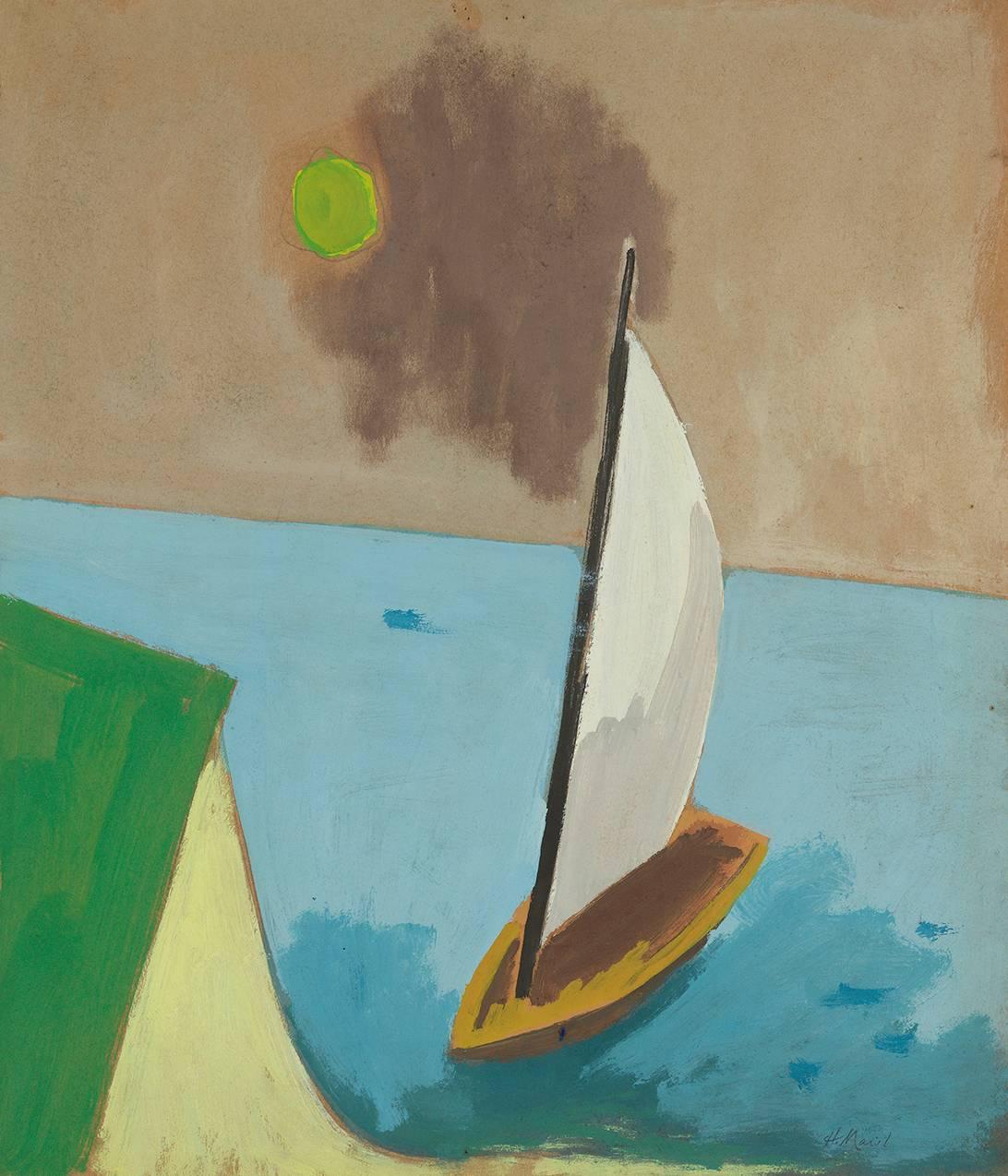 Herman Maril Landscape Painting - Sailboat, Green Sun