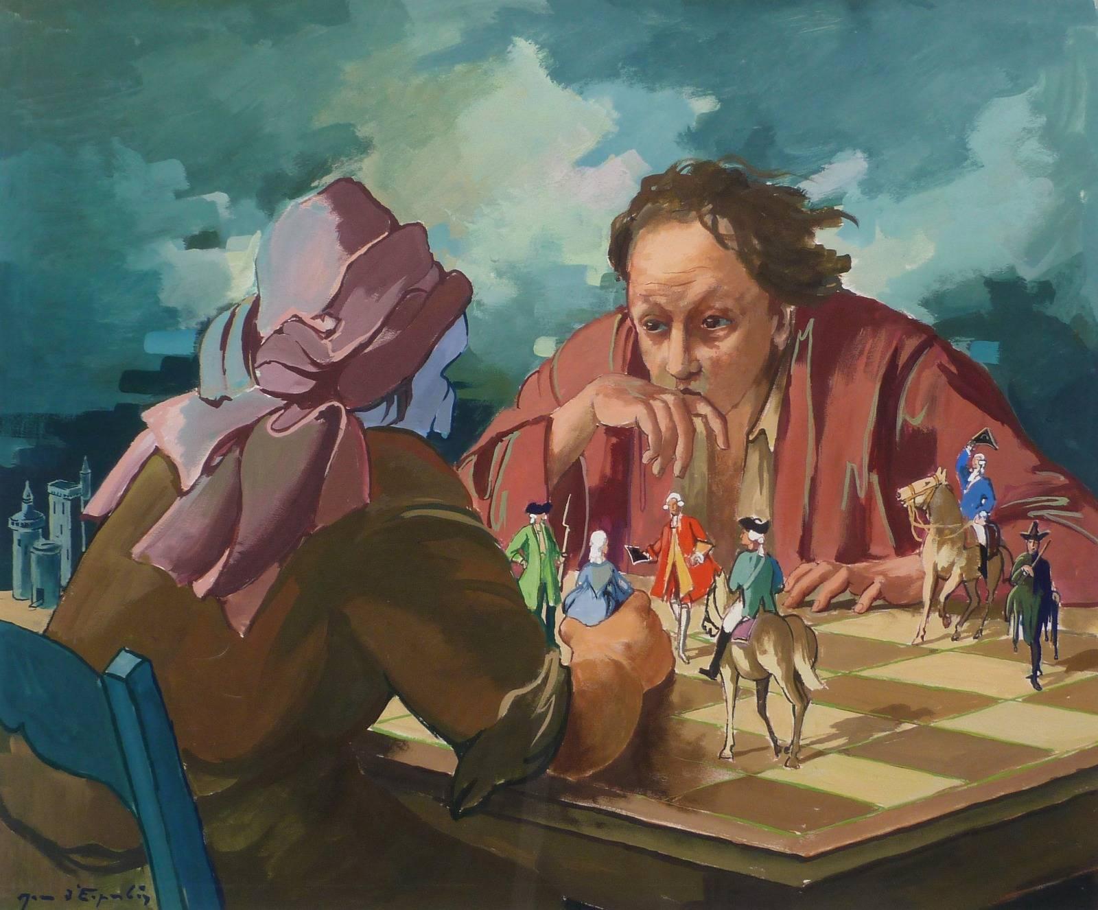 Jean d'ESPARBÈS Abstract Painting - Surrealist chess players playing with lives
