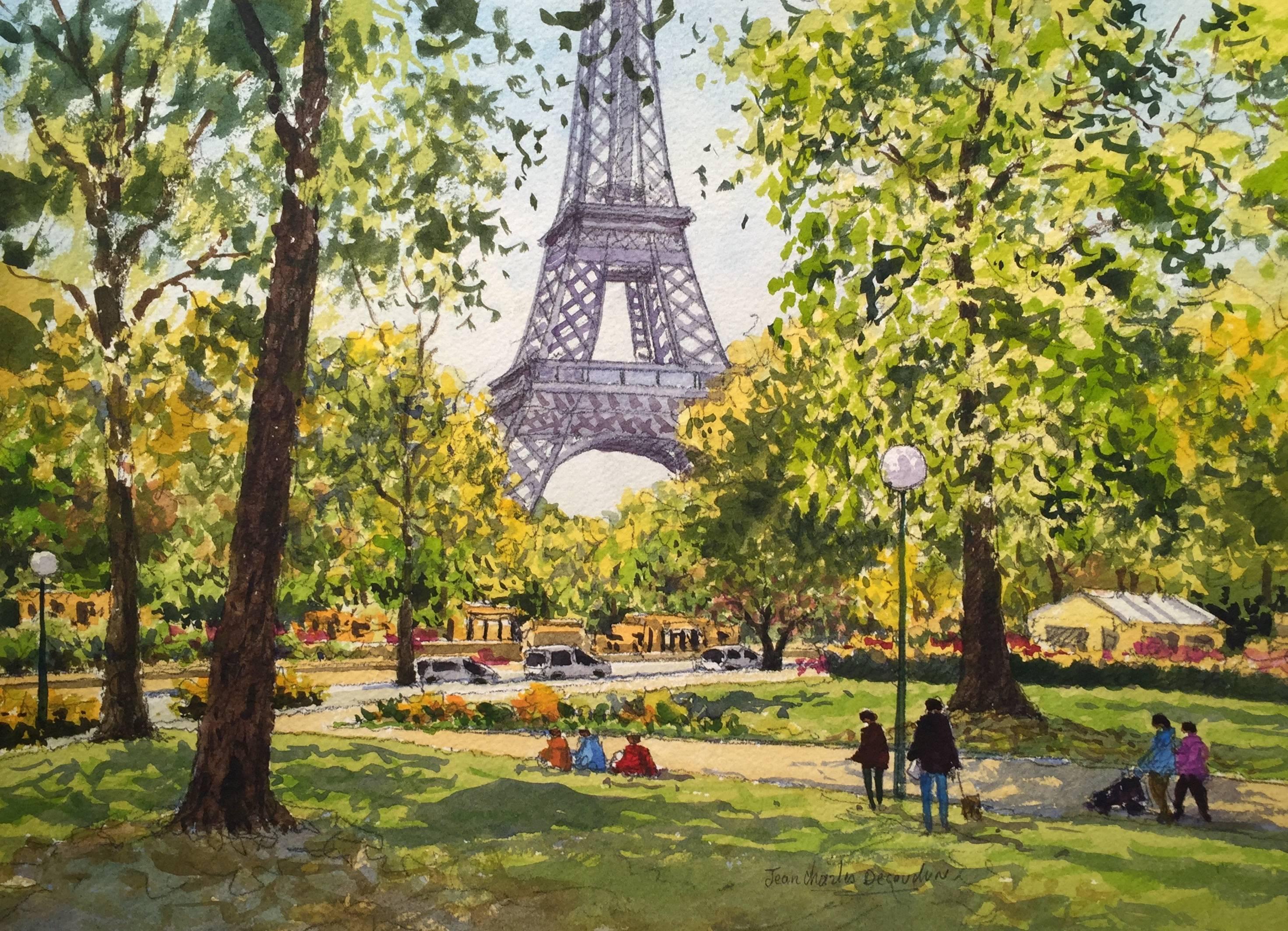 Jean-Charles Decoudun Landscape Art - Les Jardins du Trocadéro et la Tour Eiffel à Paris