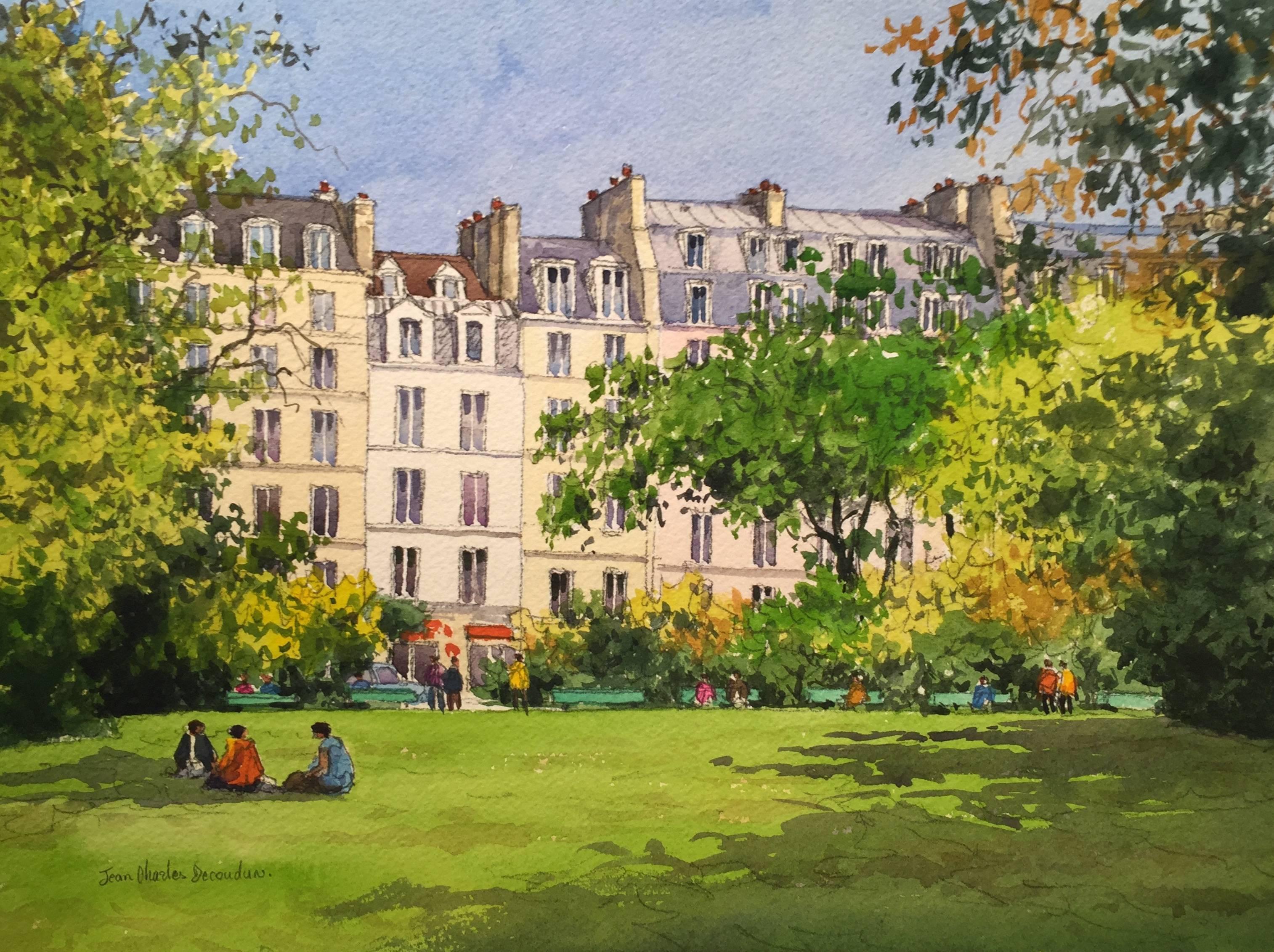 Jean-Charles Decoudun Landscape Art - Le Square du Temple à Paris
