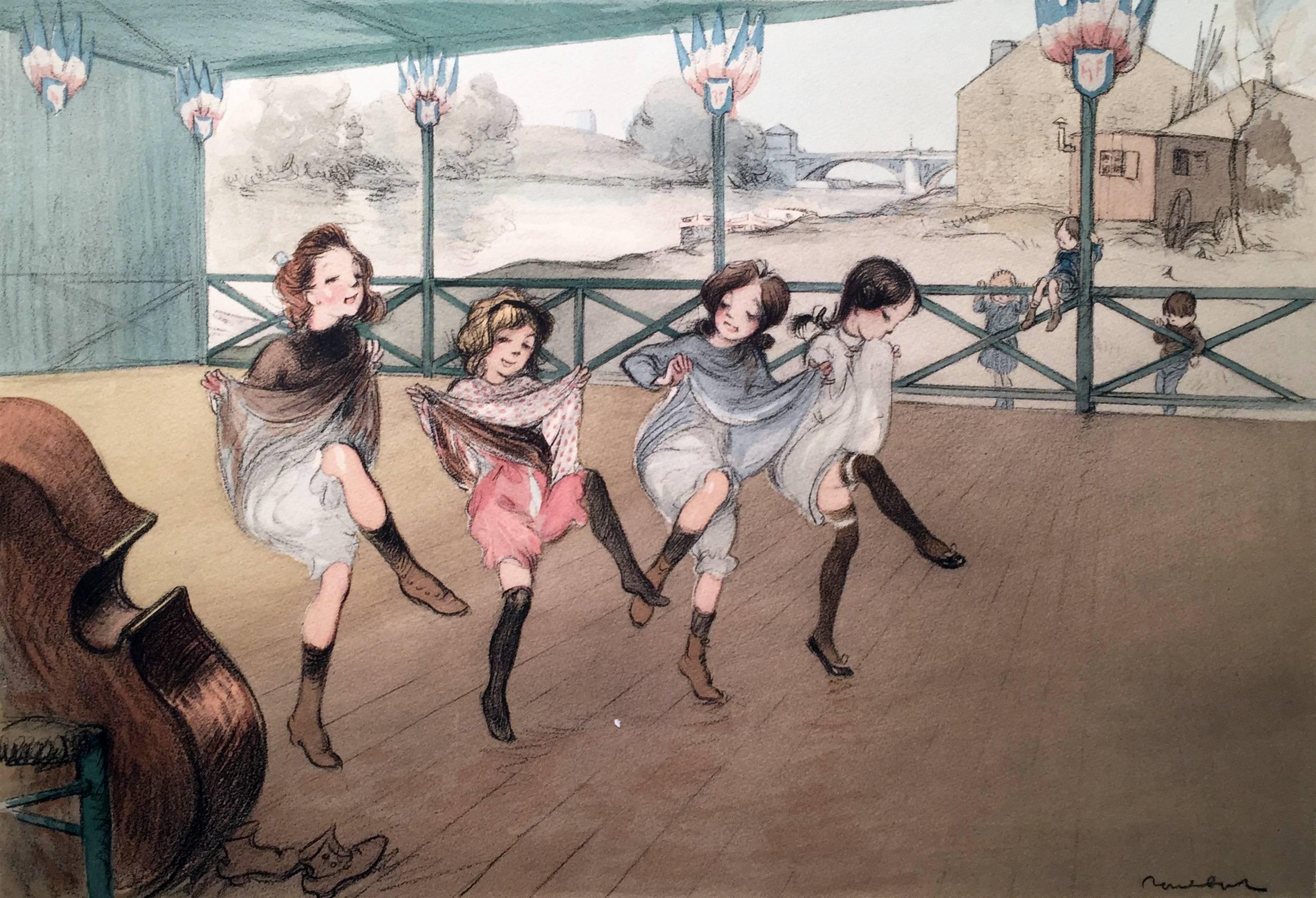 Francisque Poulbot Figurative Print - Four little girls dancing the French Cancan in Montmartre