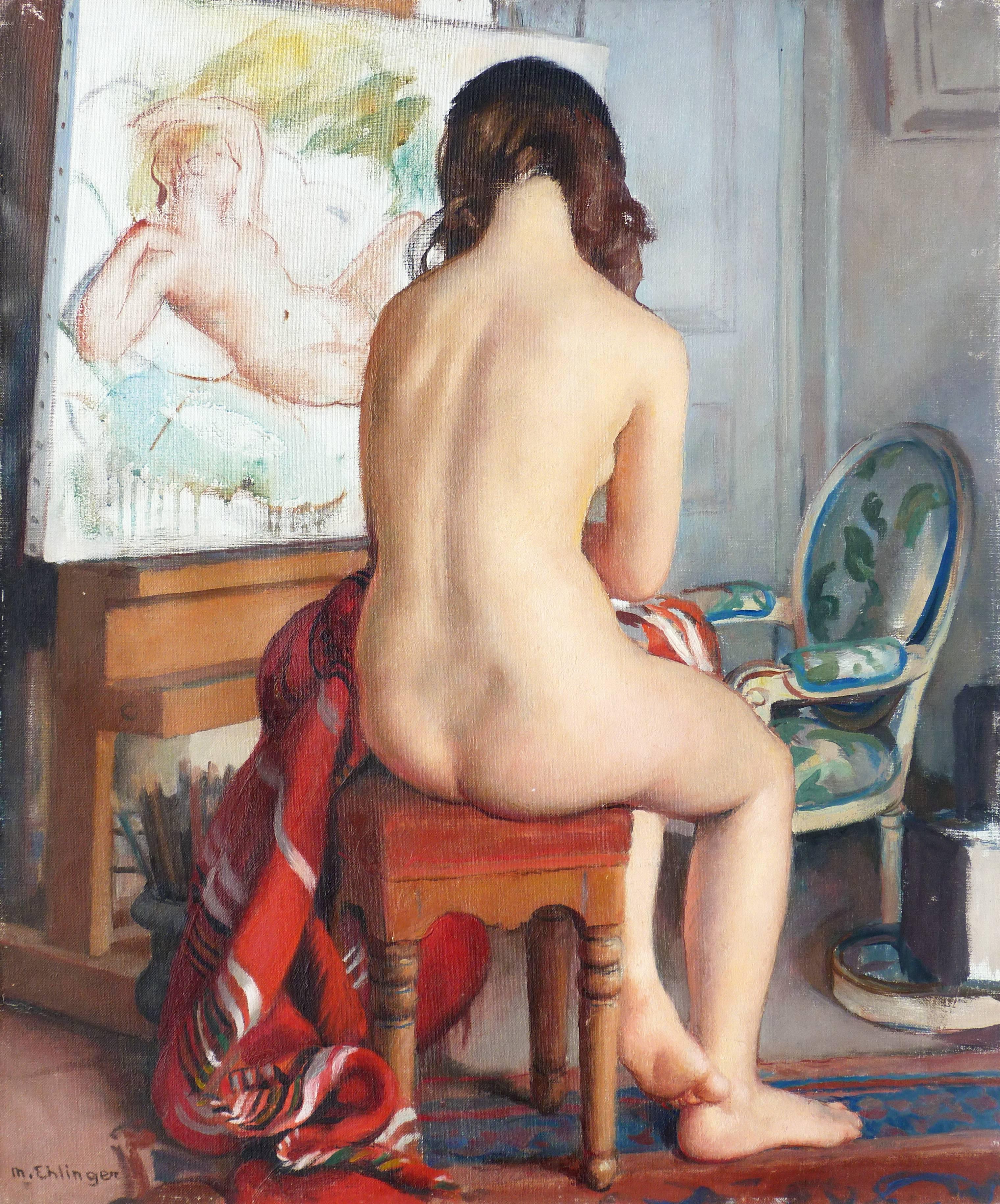 Maurice Ambroise Ehlinger Nude Painting - The model, a sitting nude at the studio of the artist.