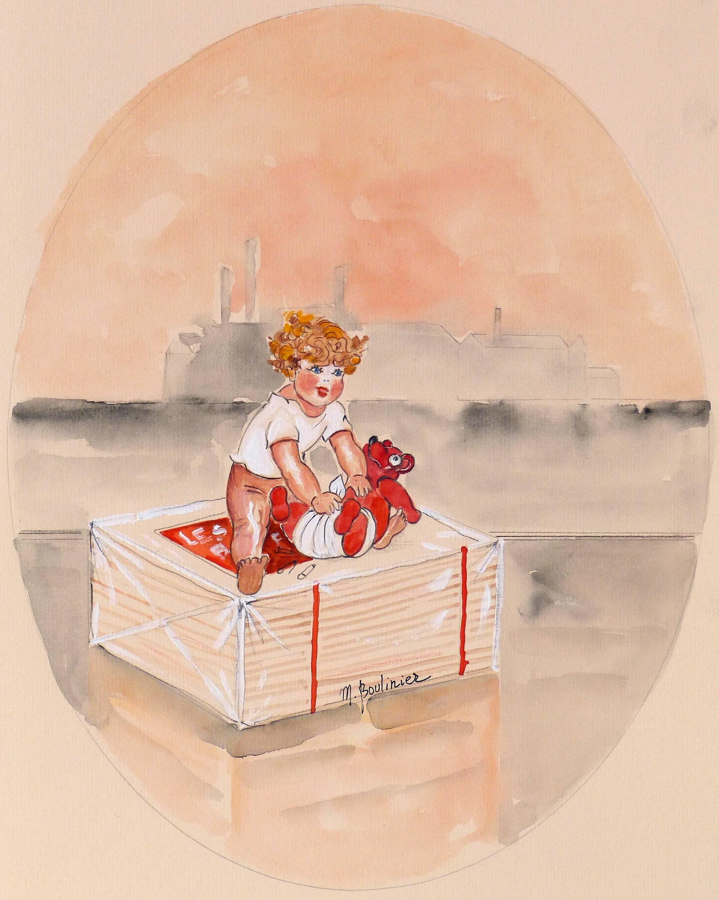 Monique Boulinier Figurative Art - Le lange du nounours, a baby and a bear