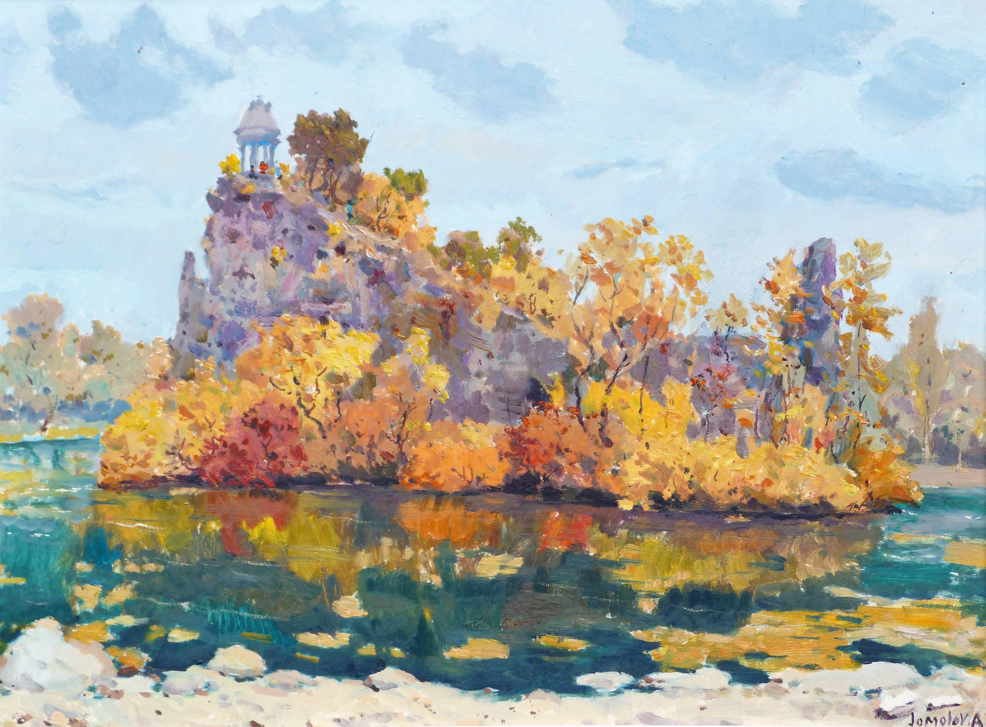 Jamolov Akmal Jan Landscape Painting - Autumn at the garden of Les Buttes Chaumont, In Paris