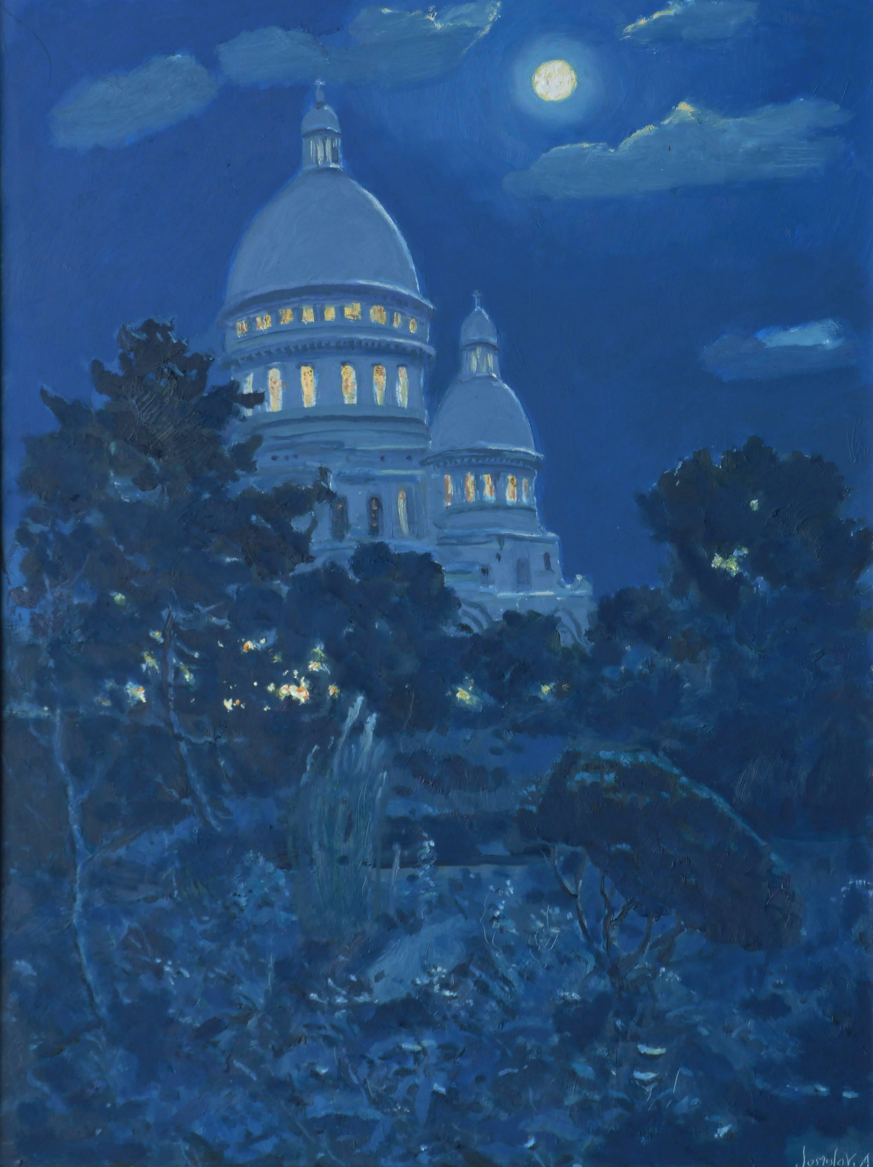 Jamolov Akmal Jan Landscape Painting - The garden of the Sacré-Coeur in Montmartre, Paris, by night