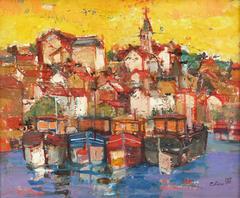 Landscape with houseboats on the Seine River in France