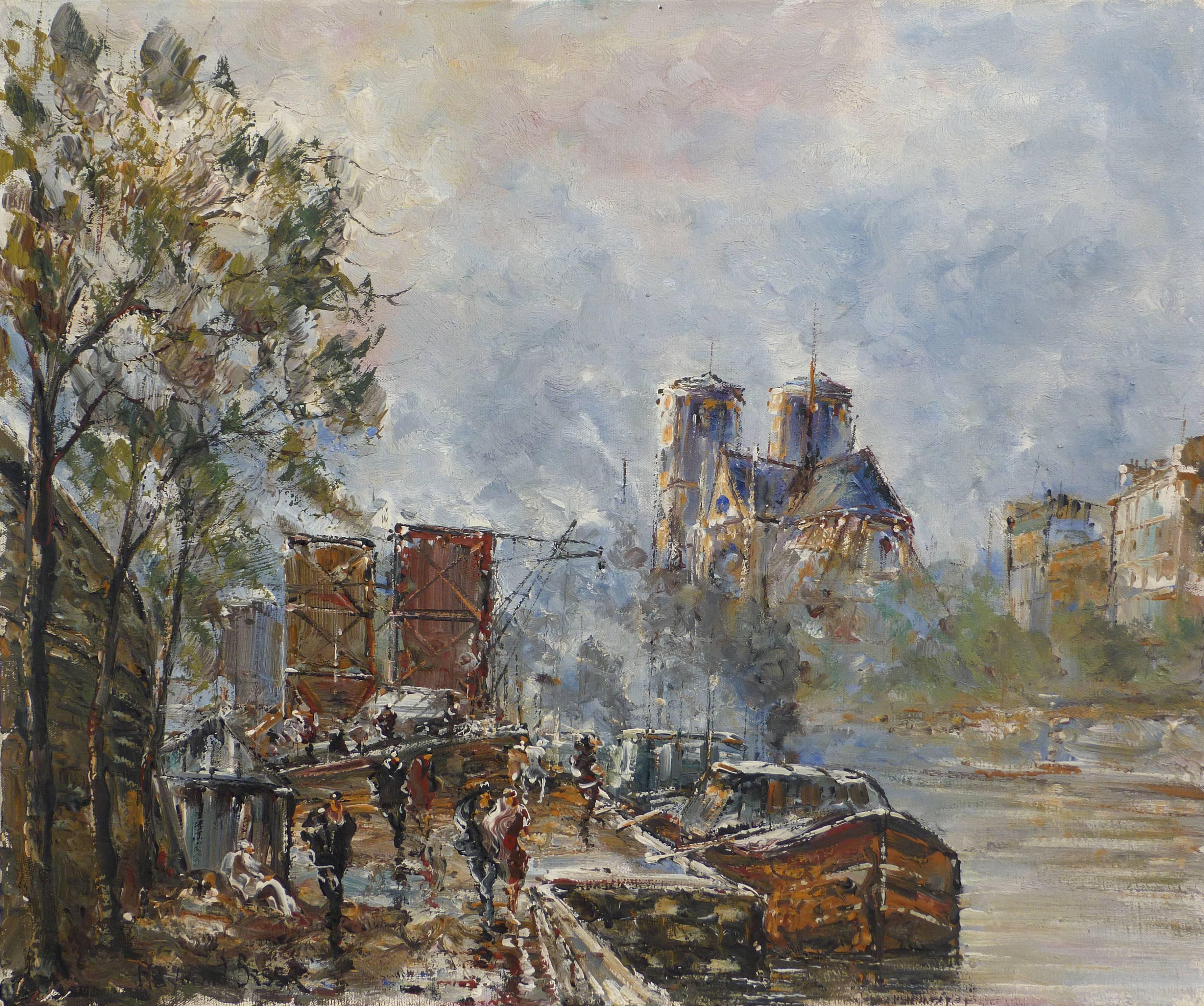 Raymond Besse Landscape Painting - The old Paris, The Seine River, the Bridge at the Seaport St Bernard