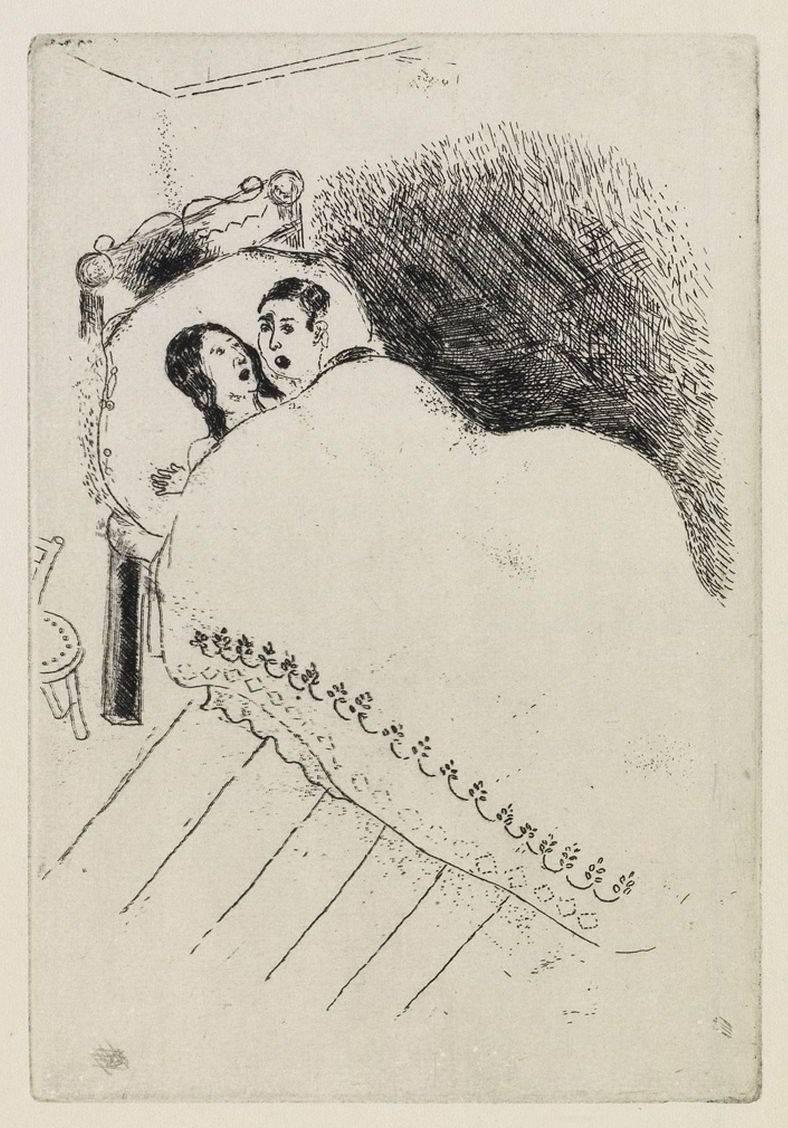 Marc Chagall Figurative Print - Le couple au lit - Couple in bed  ( Maternity )