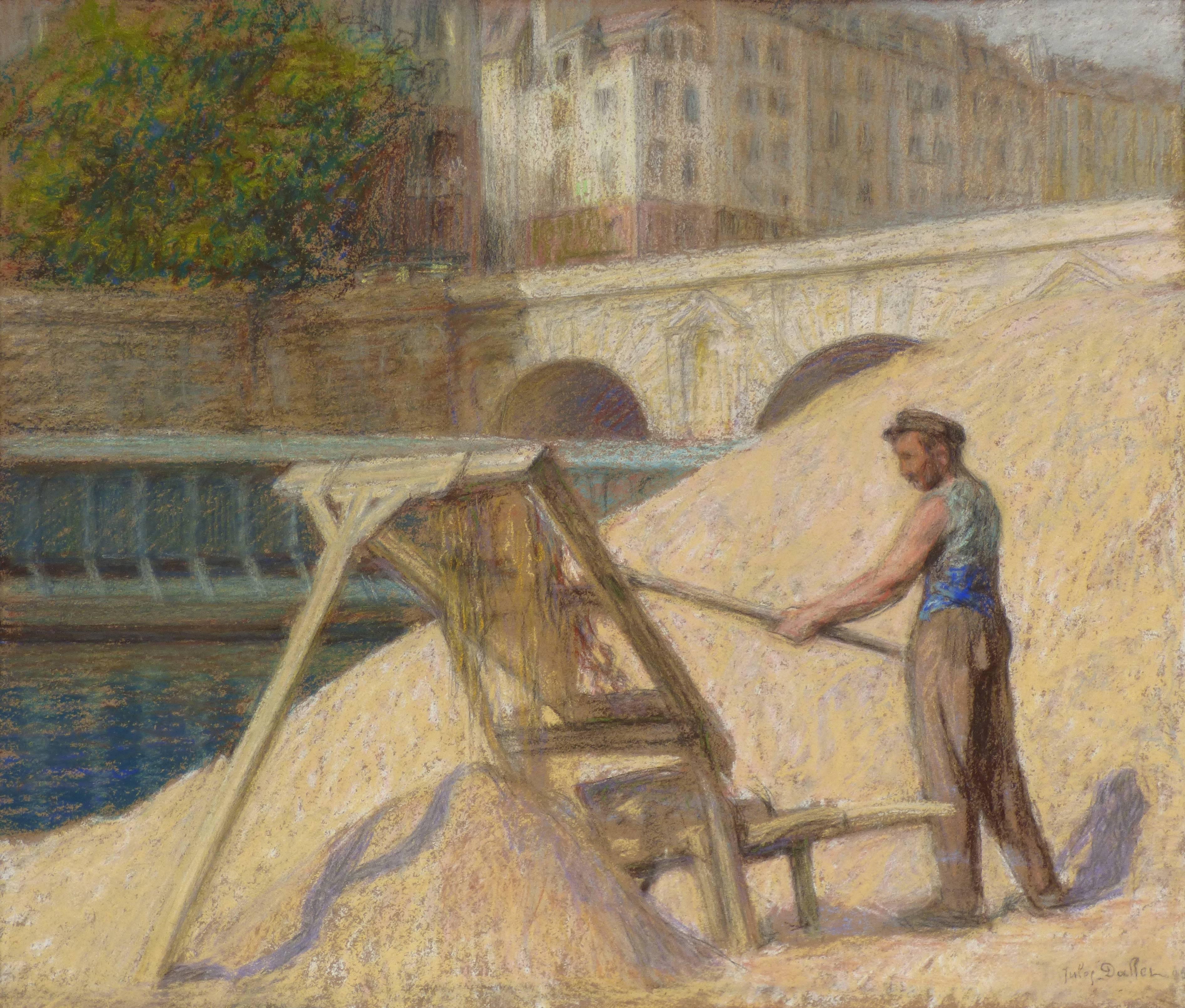 Jules Dallet Landscape Art - A worker near the Seine River in Paris France in 1925