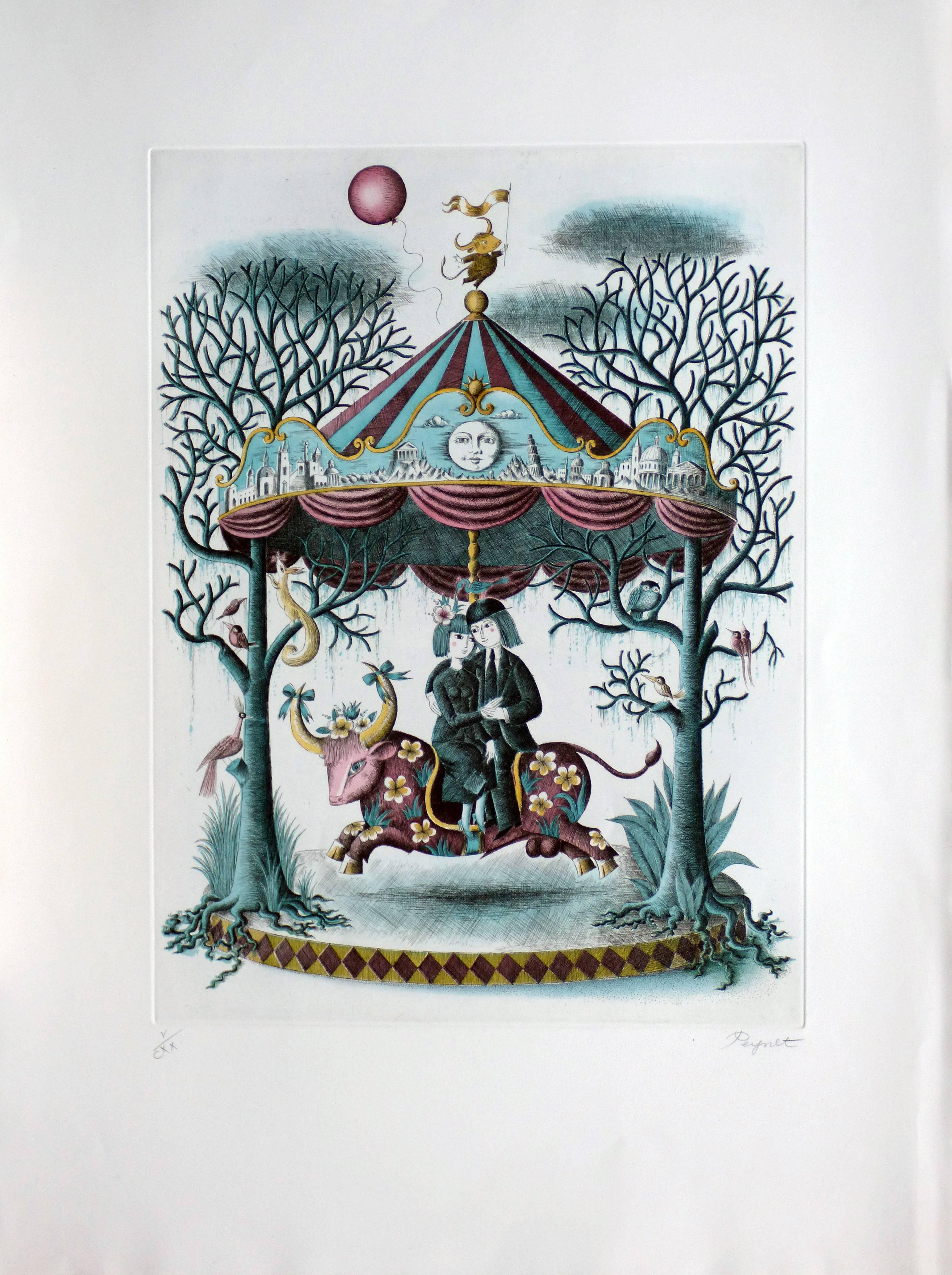 The lovers, the bull and the carousel - Print by Raymond Peynet
