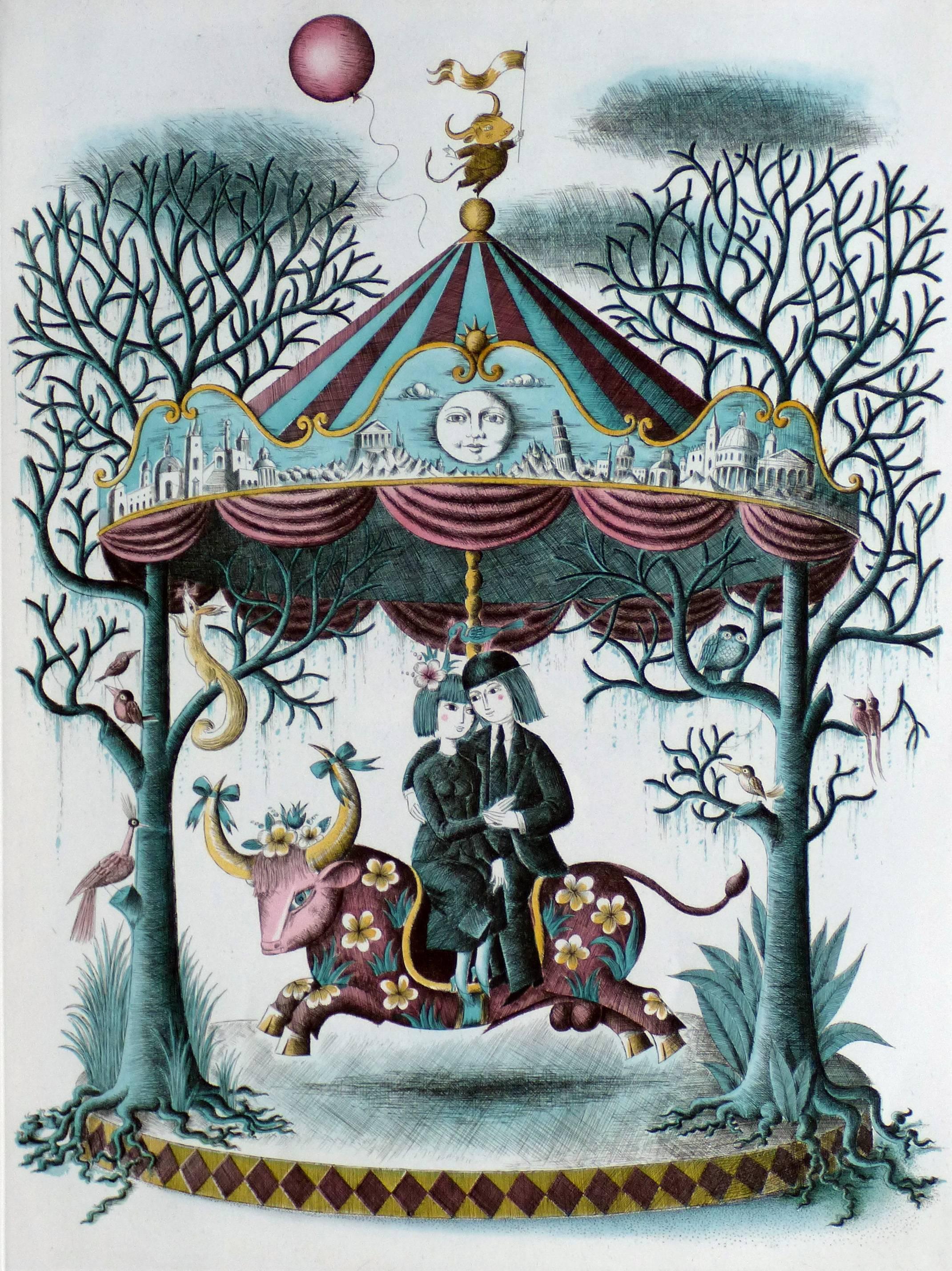 Raymond Peynet Figurative Print - The lovers, the bull and the carousel
