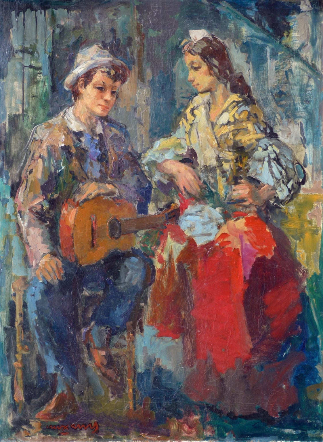 Pedro CREIXAMS Figurative Painting - Gypsy and Guitarist - Remblas in Barcelona