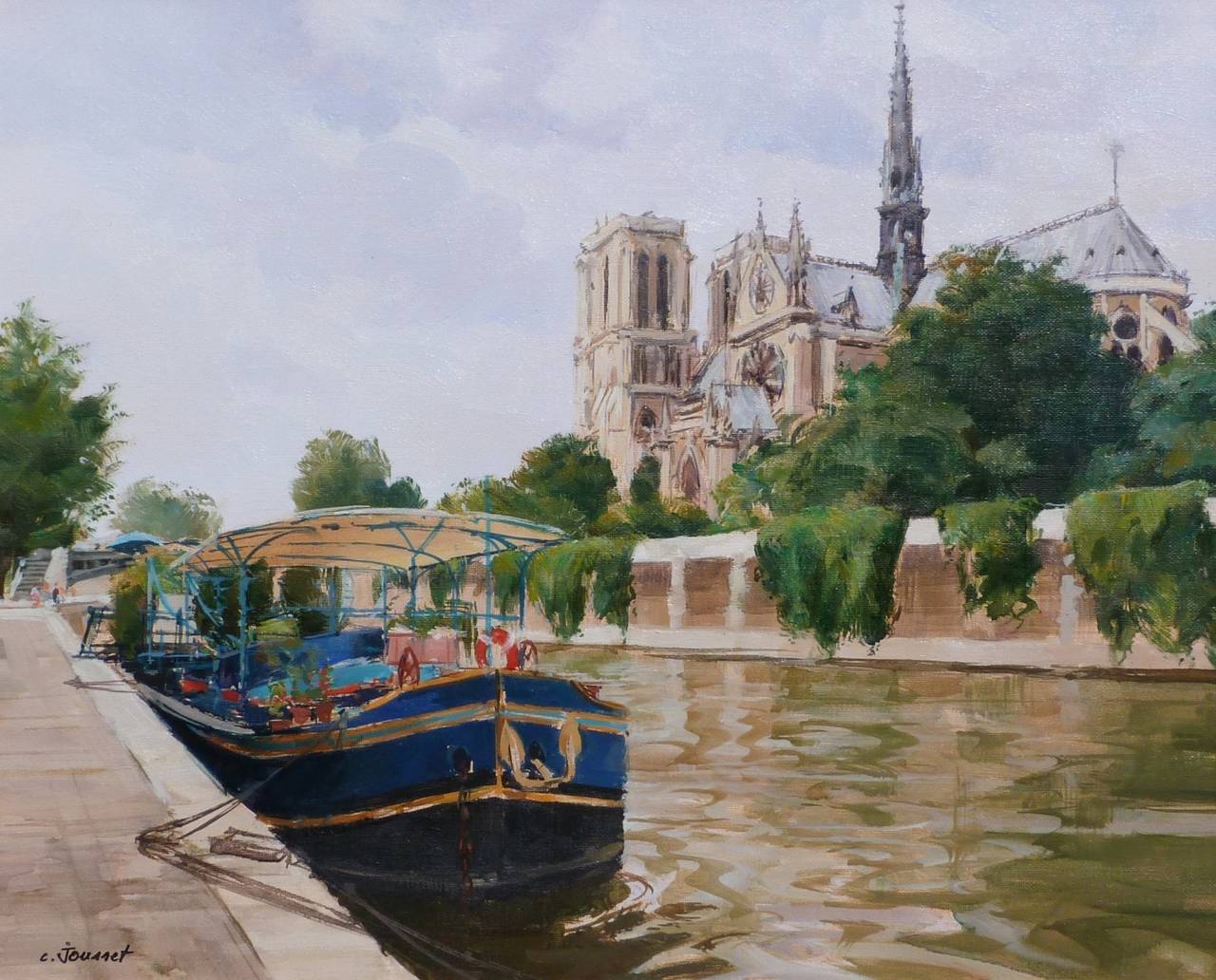 The blue boat and Notre-Dame de Paris - Painting by Claude JOUSSET