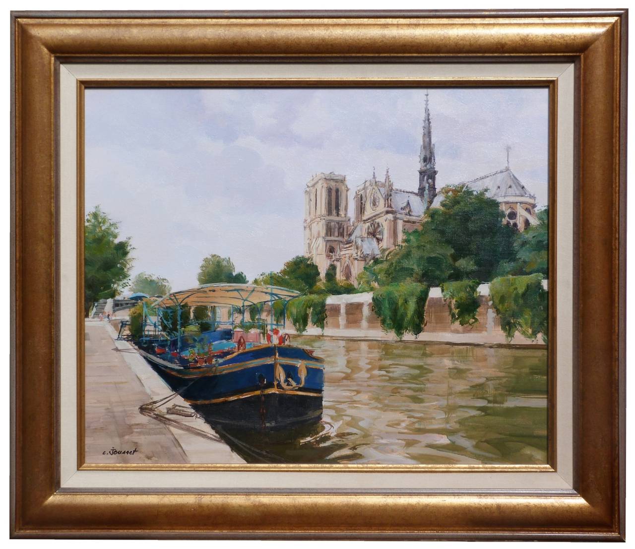 Claude JOUSSET Landscape Painting - The blue boat and Notre-Dame de Paris