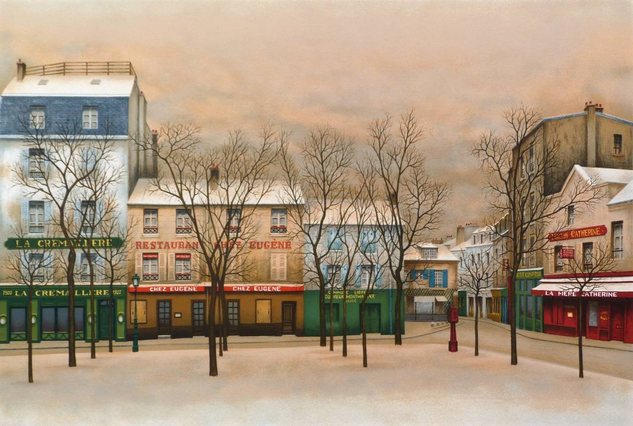André RENOUX Figurative Print - Montmartre, Place du Tertre, Paris, la Mère Catherine, La Crémaillère