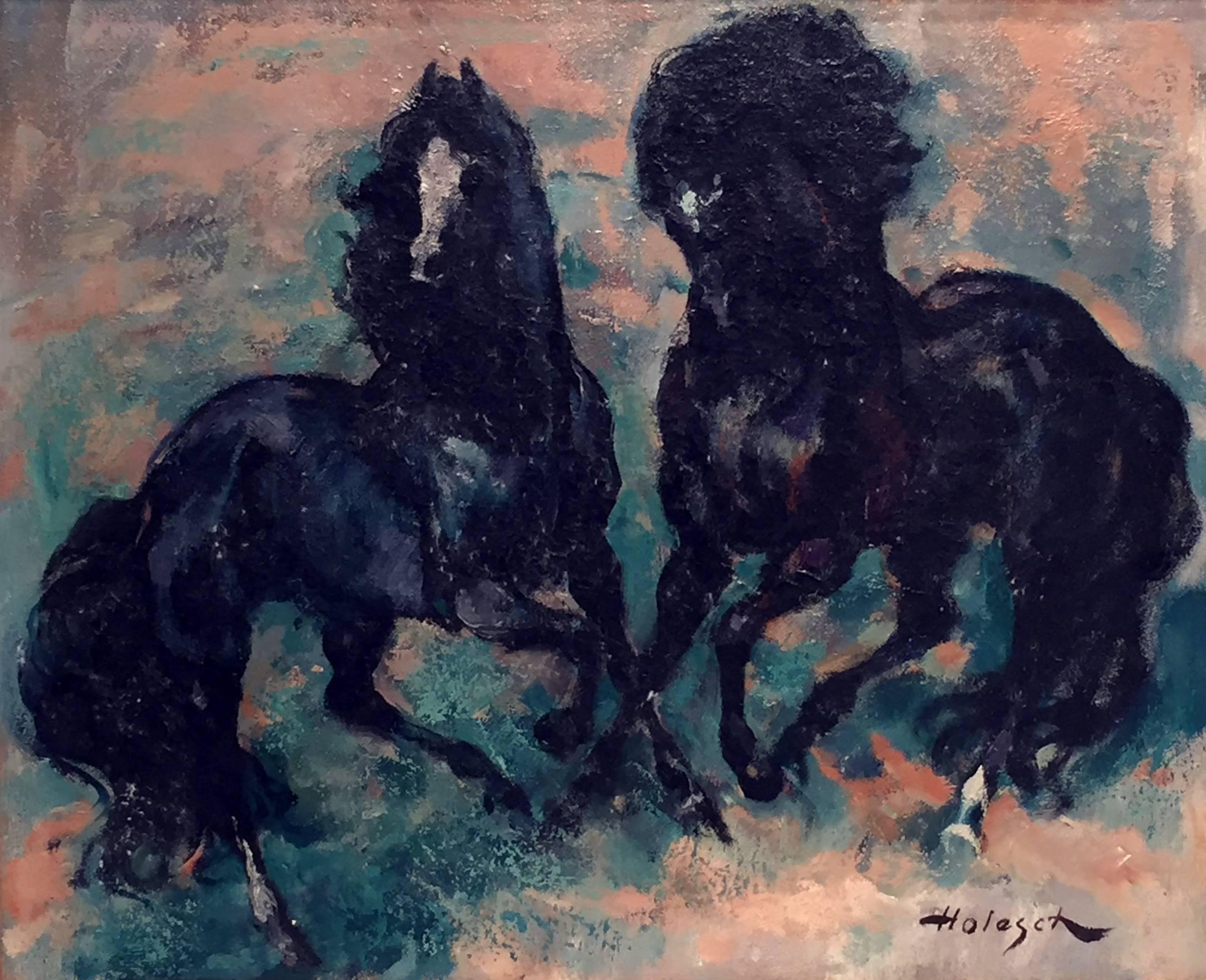 Denes De Holesch Animal Painting - Two black horses