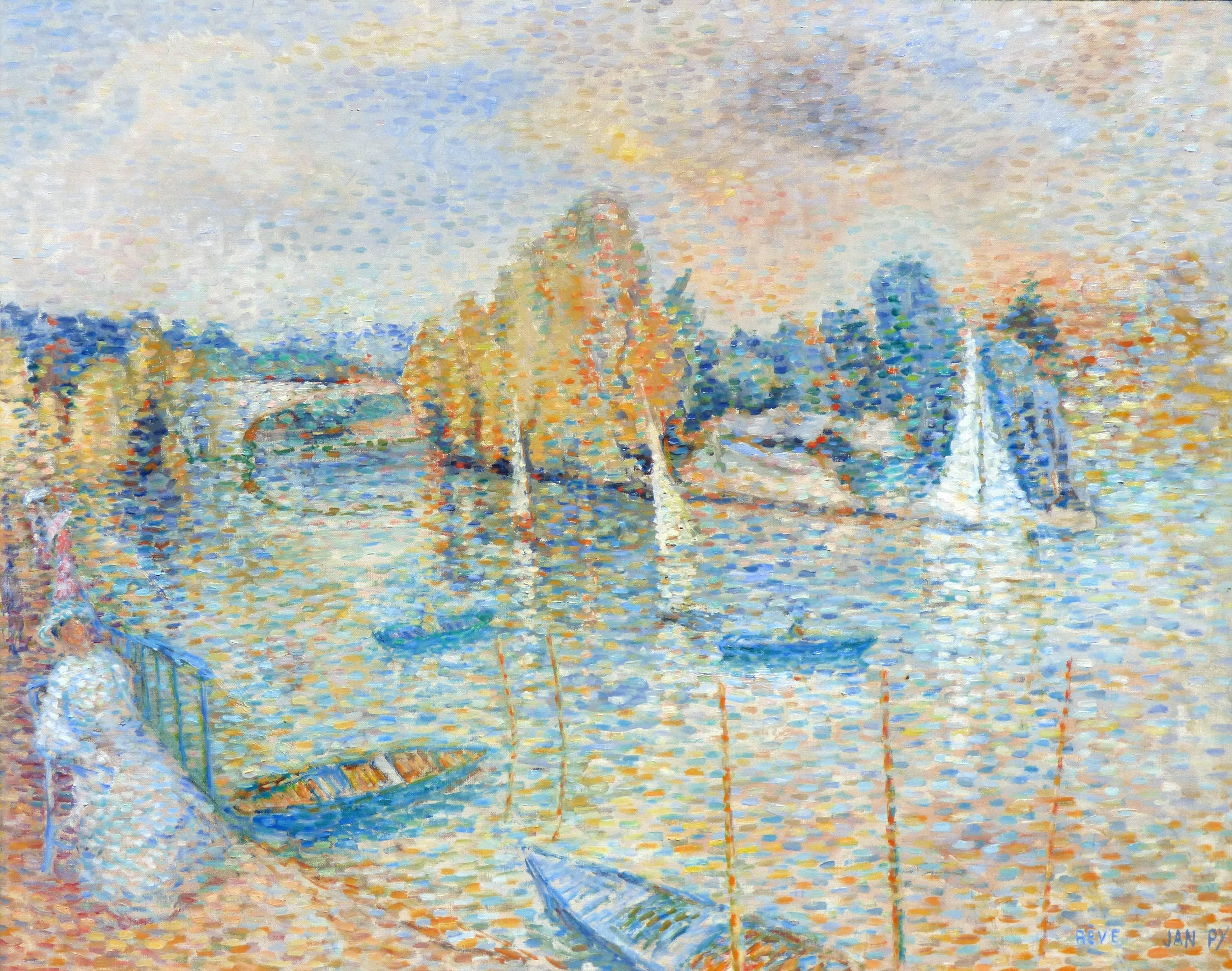 Jean-Pierre Eirisch Landscape Painting - Pointillist Dream near the Seine River in France