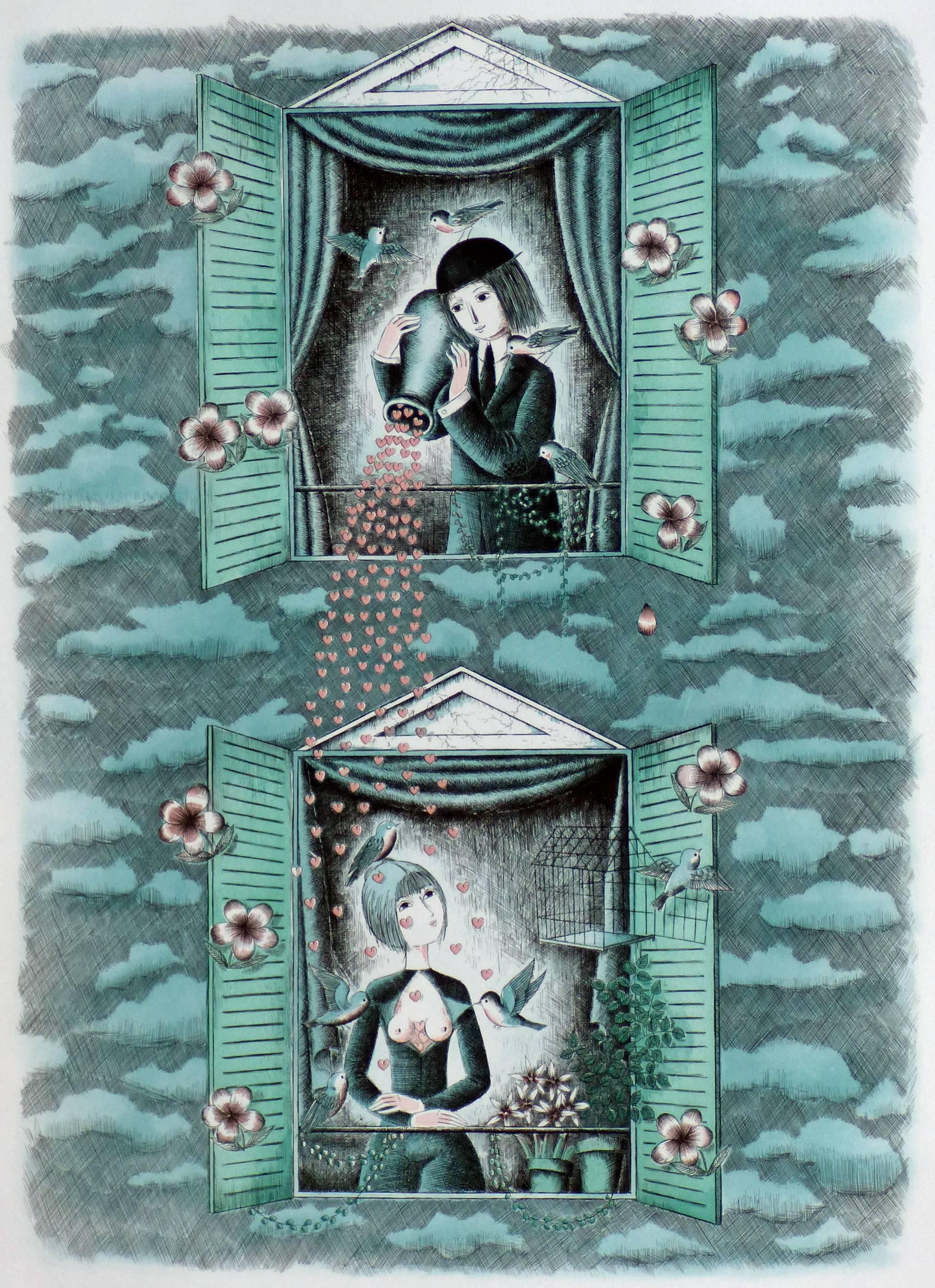 Raymond Peynet Figurative Print - The lovers, the hearts through the windows