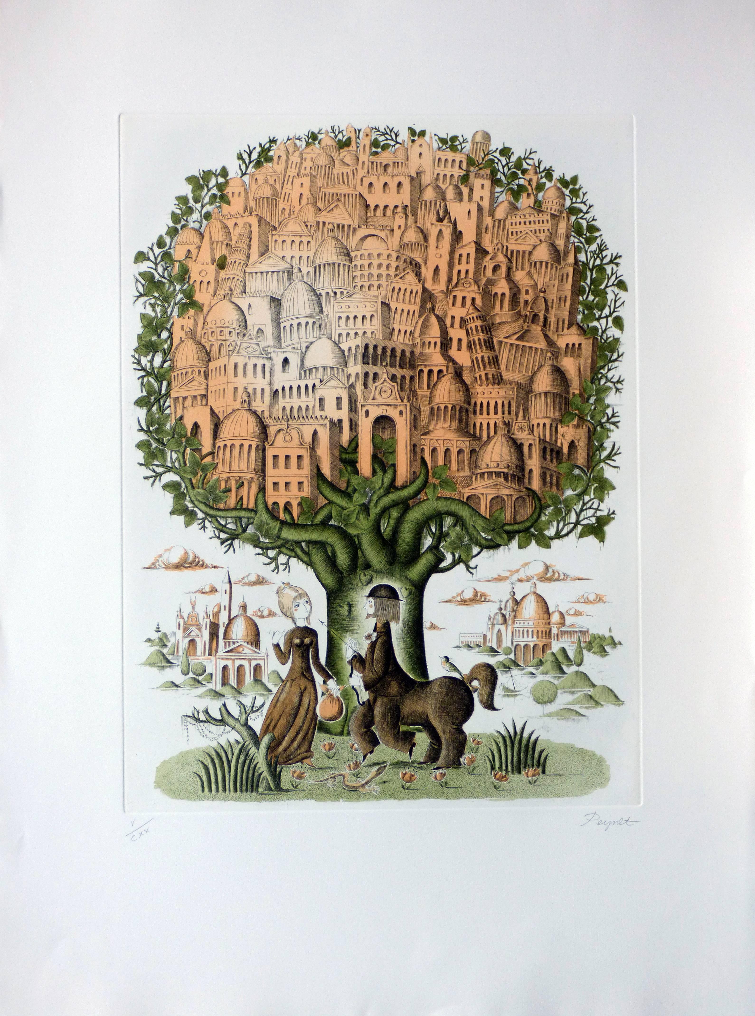 The lovers, the tree, the village - Print by Raymond Peynet