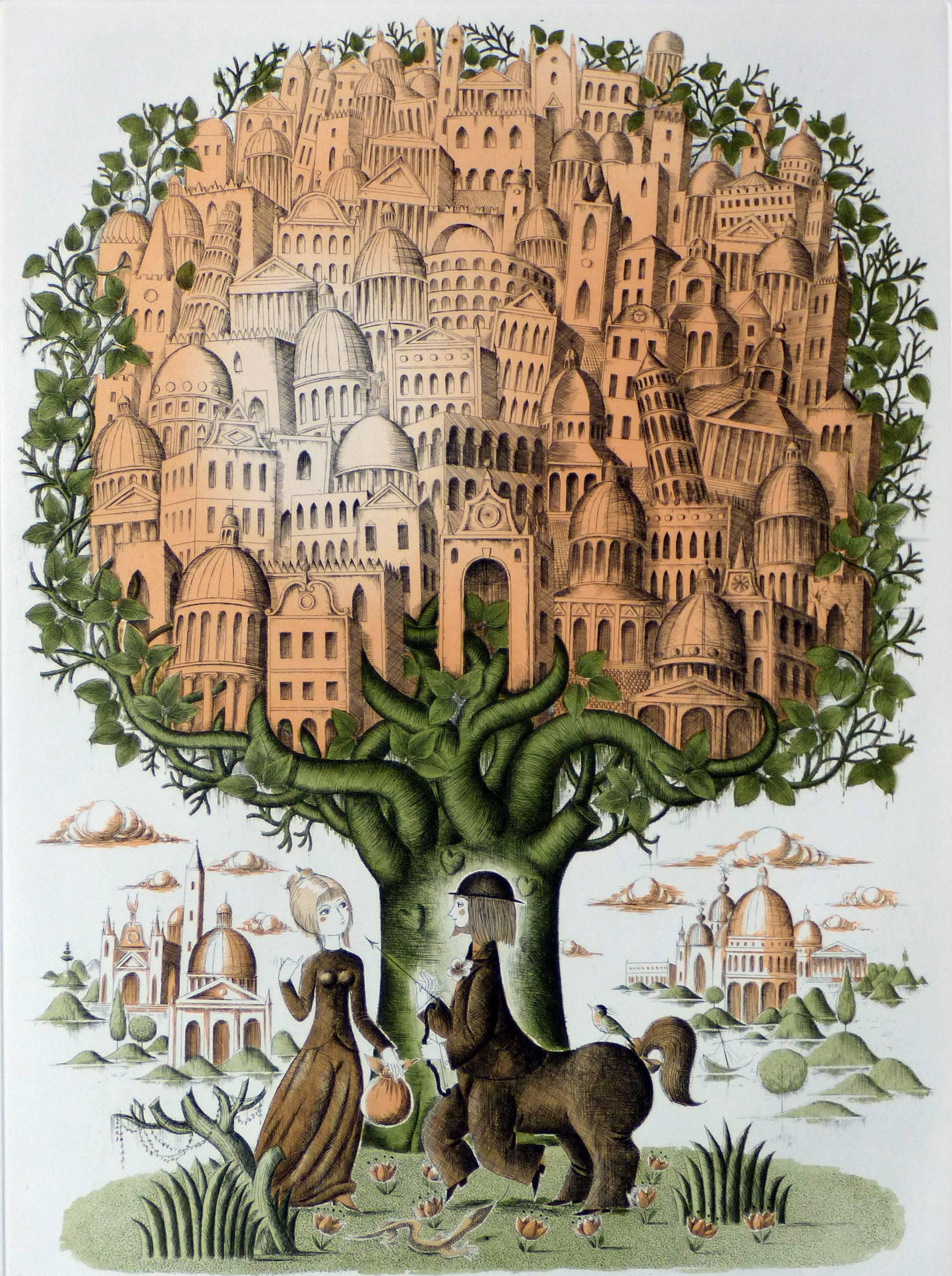 Raymond Peynet Figurative Print - The lovers, the tree, the village