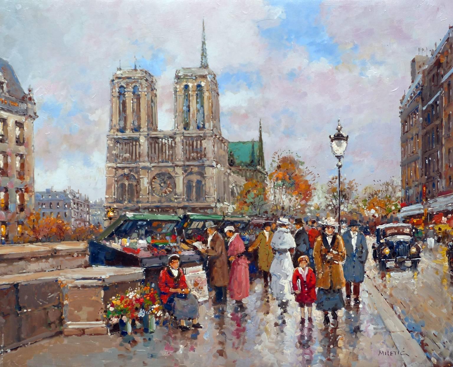 Milan MILETIC Figurative Painting - Street scene near Notre-Dame de Paris