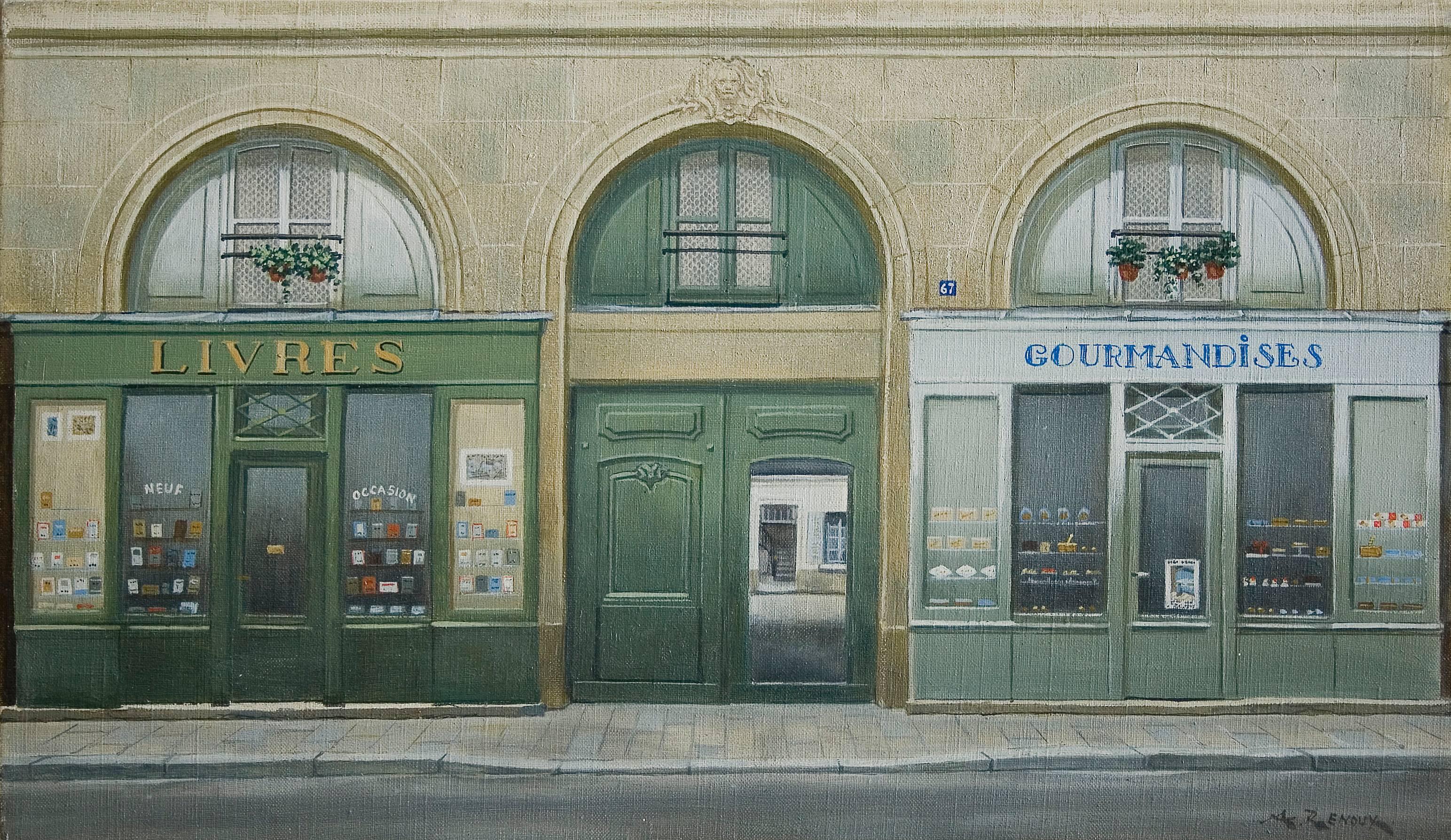 André RENOUX Landscape Painting - A street scene in Paris, Livres et Gourmandises