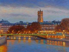 Paris by night, la Tour Saint-Jacques and the river la Seine