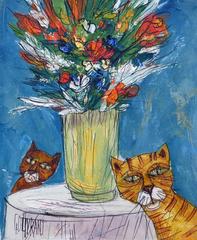 Two cats and flowers