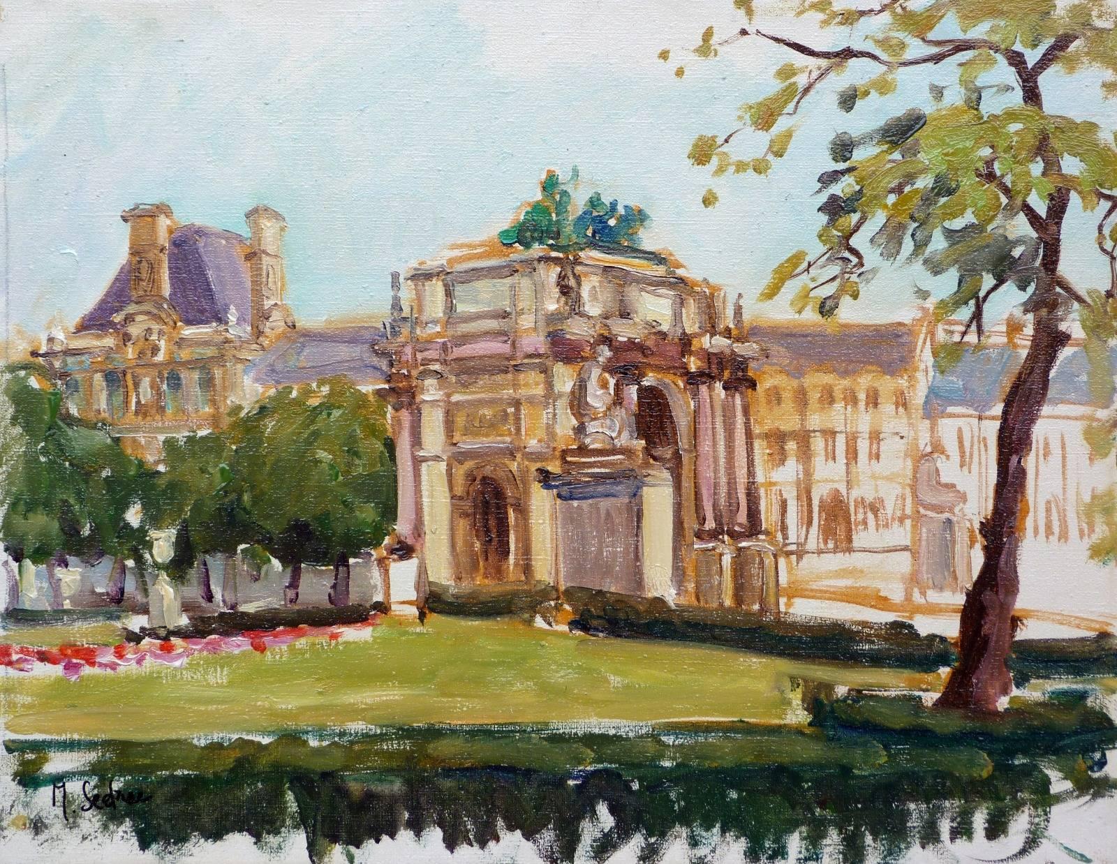 Marina SEDRAC Landscape Painting – Eine Ansicht von Paris, l''Arc de Triomphe du Carroussel du Louvre
