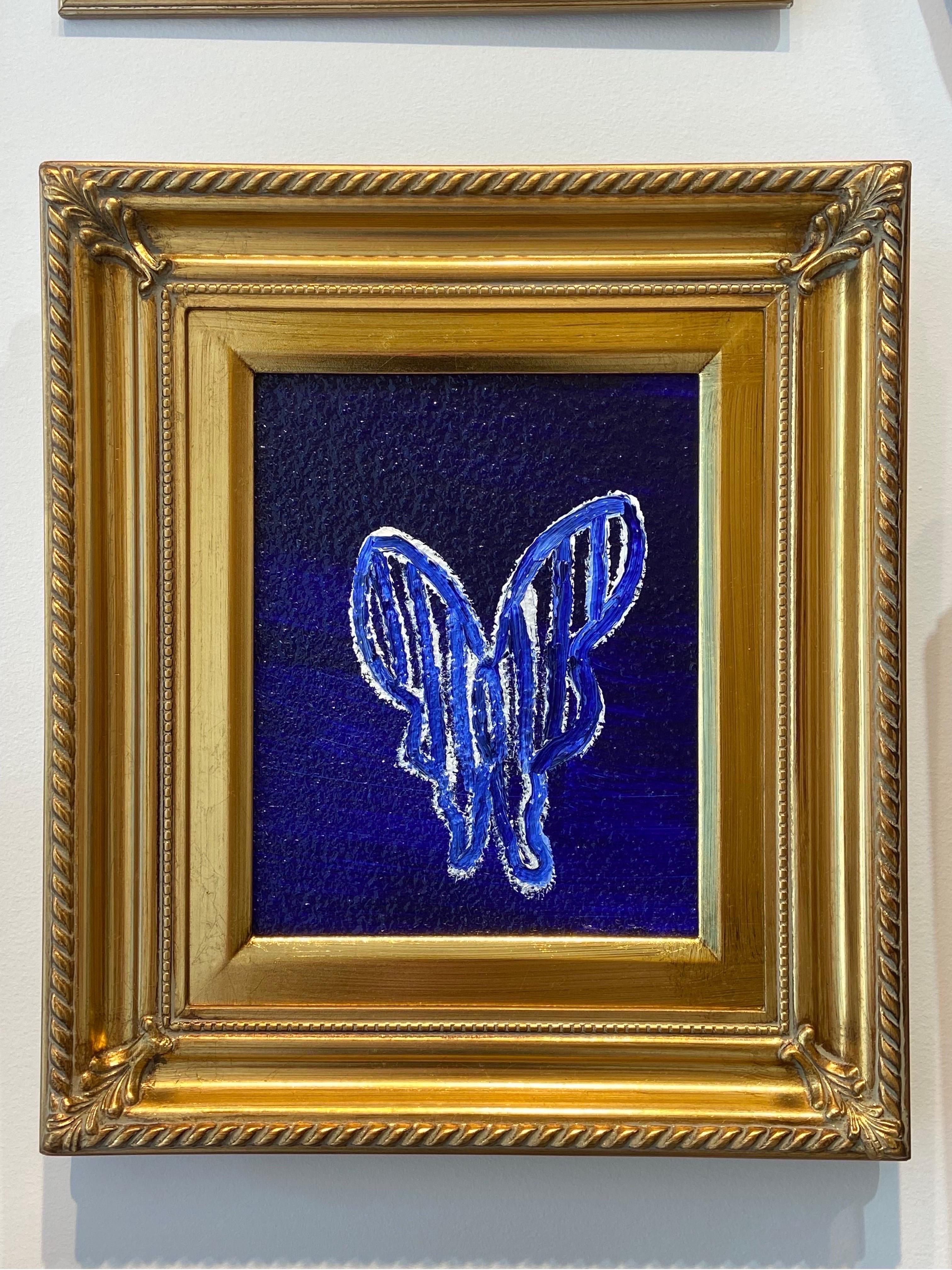 Luna „Schmetterlingsgemälde“, Original Blaues Ölgemälde in Gold, Vintage-Rahmen – Painting von Hunt Slonem