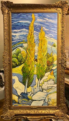 COPIA VECCHIA MASTER Firmata Vincent  " Cipressi  " Pittura a olio del XX secolo GGF