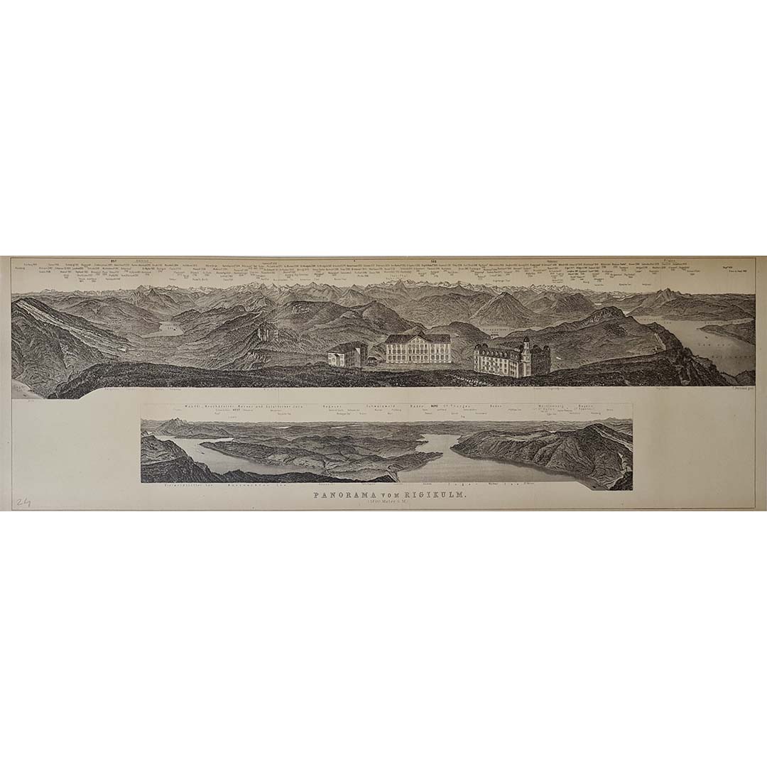 Dating from circa 1885, this original panoramic print presents the remarkable view from Rigi Kulm, the celebrated Swiss summit rising approximately 1,800 metres above sea level. Based on Heinrich Keller’s renowned Rigi panorama and engraved by C.