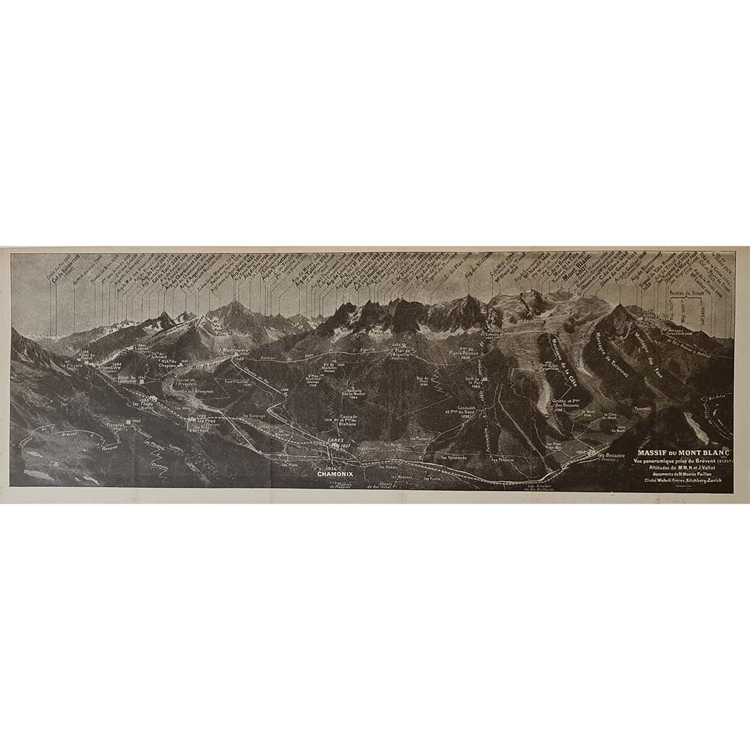 Produced in 1925, this original illustrated panoramic document presents the Mont Blanc massif as seen from Le Brévent, one of the finest viewpoints overlooking the Chamonix Valley. Combining photography, topographical information and Alpine