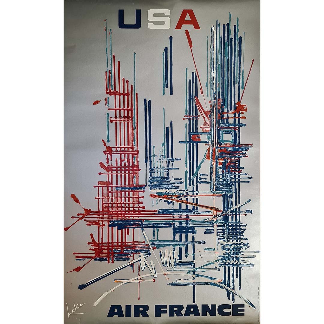 Dieses von Georges Mathieu entworfene Originalplakat von Air France aus dem Jahr 1967 war Teil einer bedeutenden Serie, mit der Reiseziele im gesamten internationalen Streckennetz der Fluggesellschaft beworben wurden. Das Motiv wurde im
