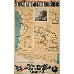1939 Original Poster SNCF Tourist Bus Services Map of Southern France