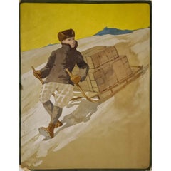 Vers 1900. Gouache originale de Rossotty : « Livreur en luge » (messager d'hiver)