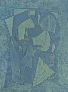 Cubistic Woman, on blue paper