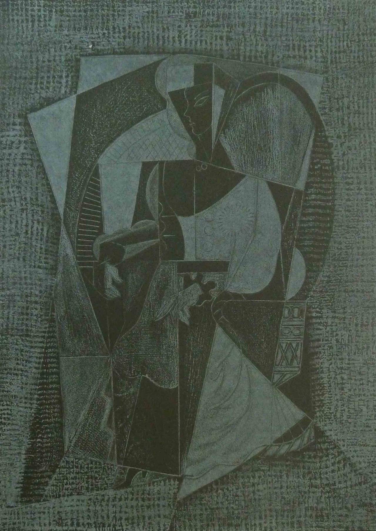 André Lhote Portrait Print - Cubistic Woman, on black paper