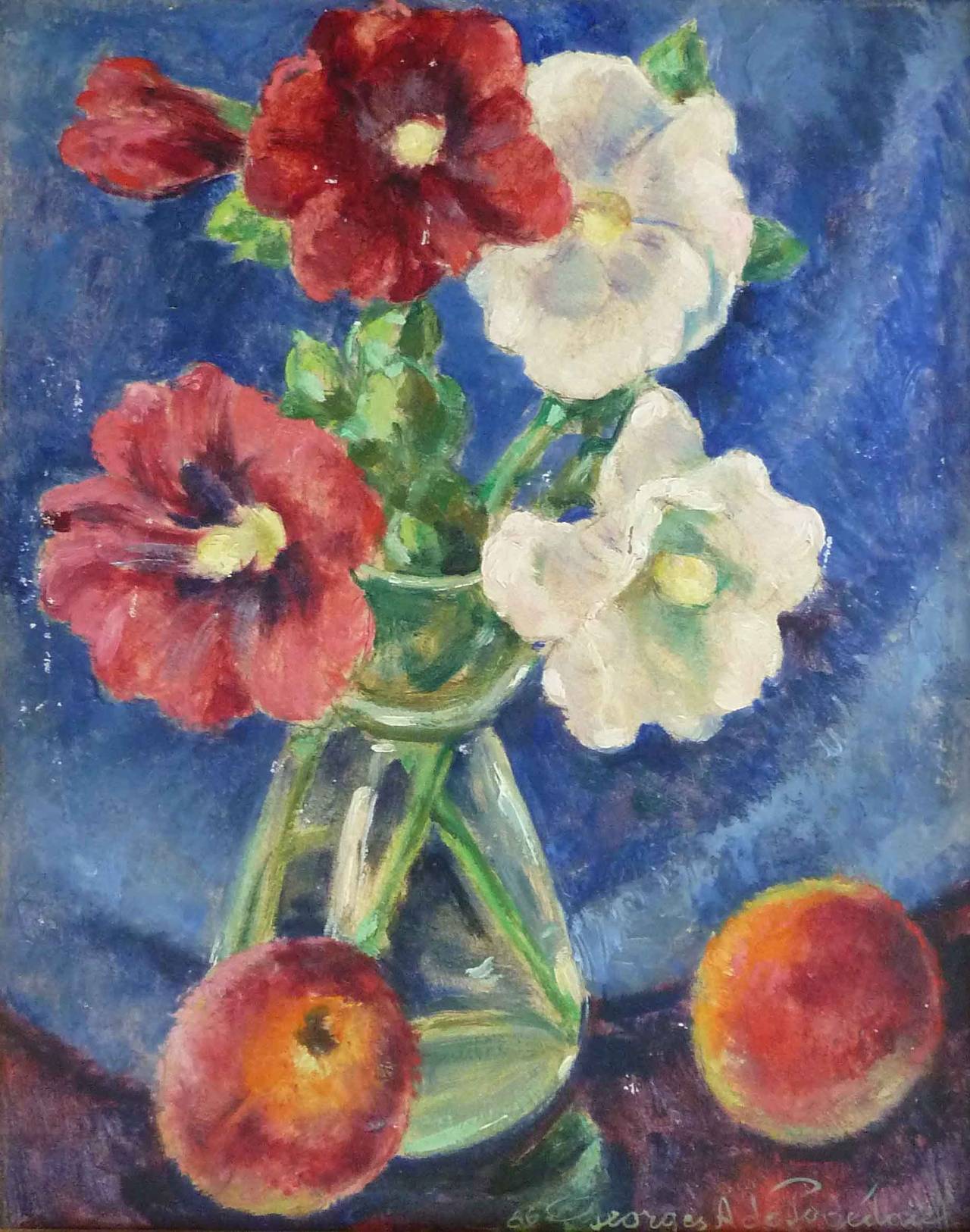 Five Hollyhocks and Two Peaches - Painting by Georges Anatolovitch de Pogedaieff
