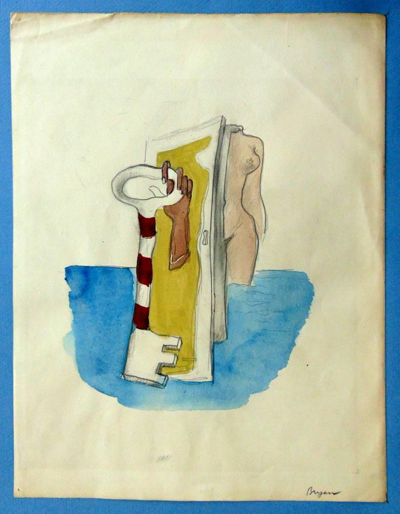 Surrealistische Komposition mit Akt, Tür und Schlüssel (Beige), Figurative Art, von Camille Bryen